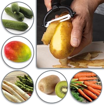 com-four 3 x Peeler with Ceramic Blade for Fruit and Vegetables - Especially Sharp Universal Peeler - Rustproof Peeler - Peeler with Ceramic Pendulum Blade (Pack of 3 Black)