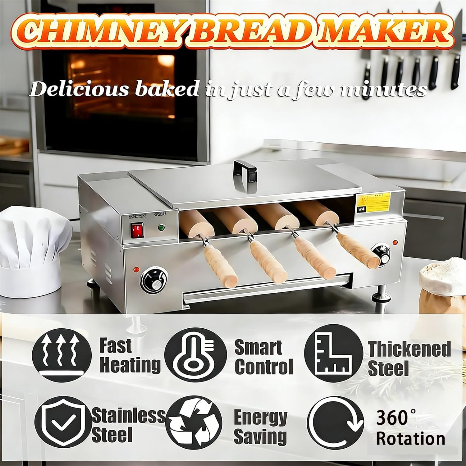 Fabricant De Cornets De Glace Et Four à Pain CheminéE 3000w, Machine à Griller avec 4 Rouleaux Coniques Et Bouton De RéGlage, pour Utilisation en Boulangerie