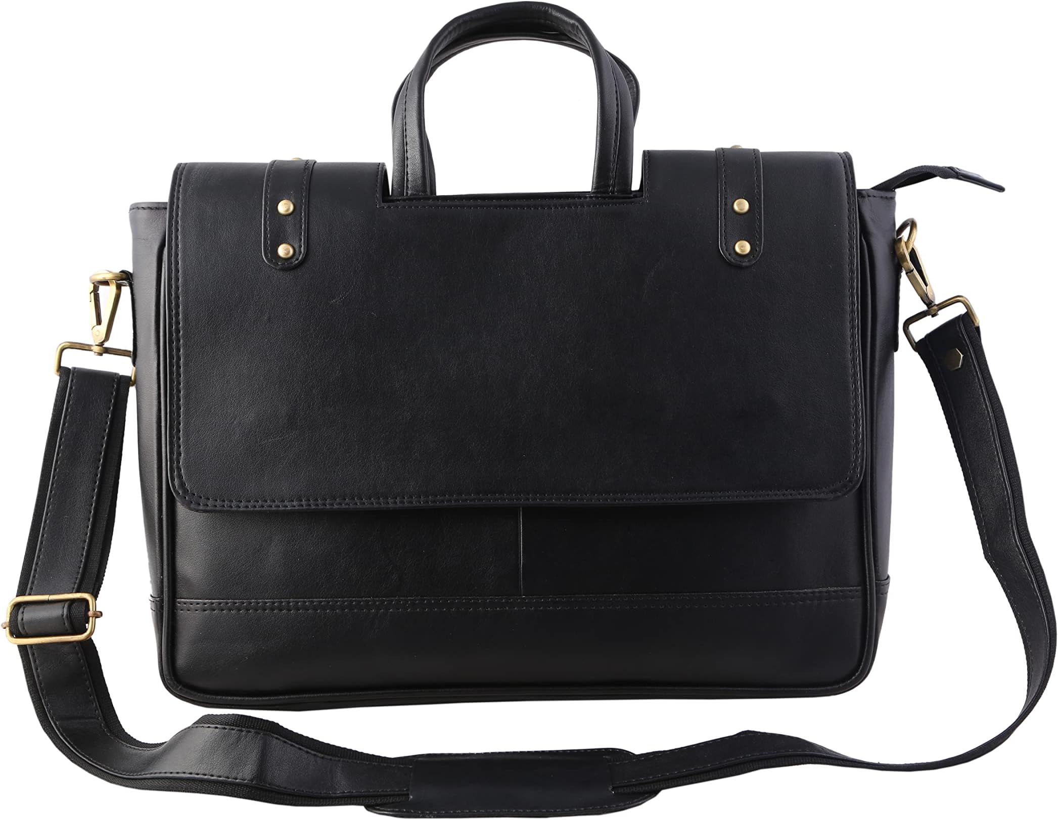 Mysa Black Vegan Faux Leather Slim Messenger Crossbody Satchel Shoulder Laptop Vintage Briefcase Sleeve Bags with Adjustable Strap for Office Work Travel Fits 14" Laptop for Men Women