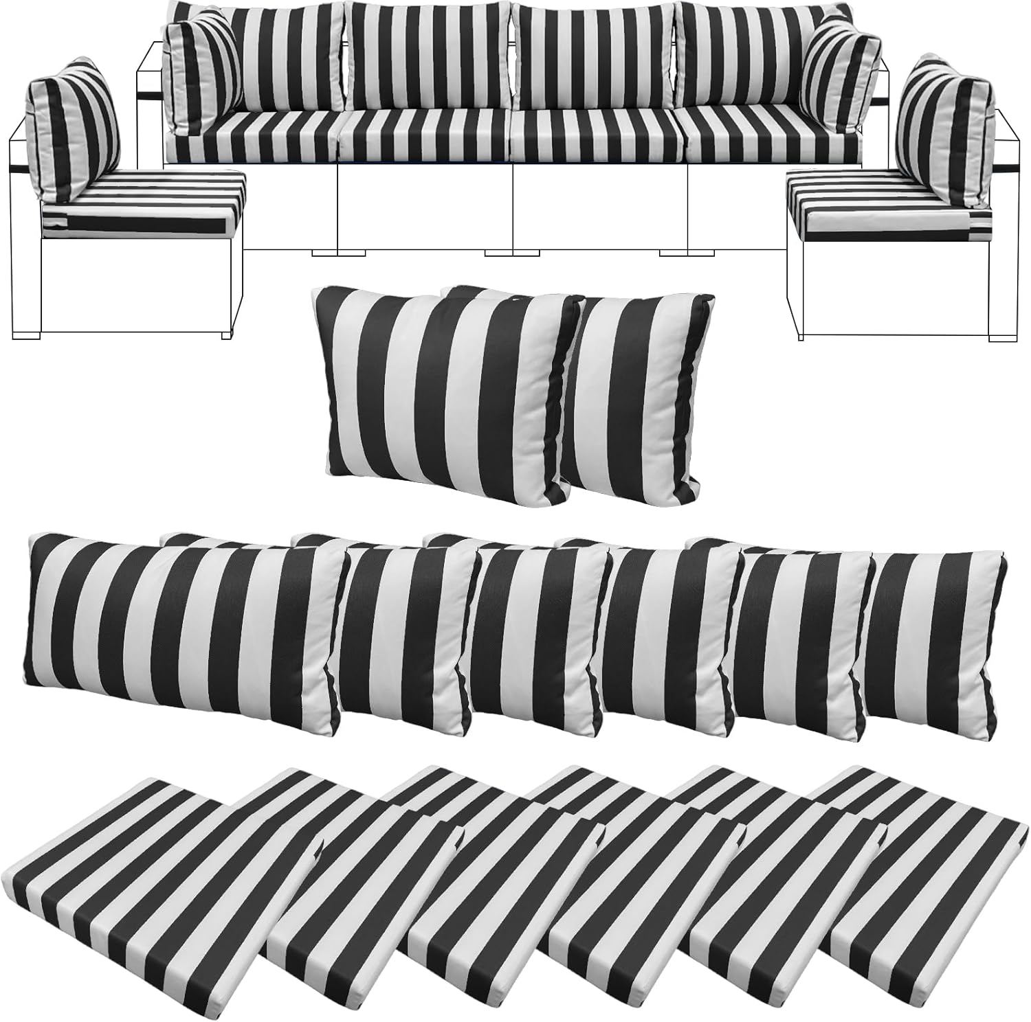 14-Piece Patio Furniture Cushion Set, High-Density Foam, Patio Chair Cushions, Waterproof and Sun-Proof, with Zipper, for 6-Seater Rattan and Wicker Sectional Sofa (Black and White Stripes)