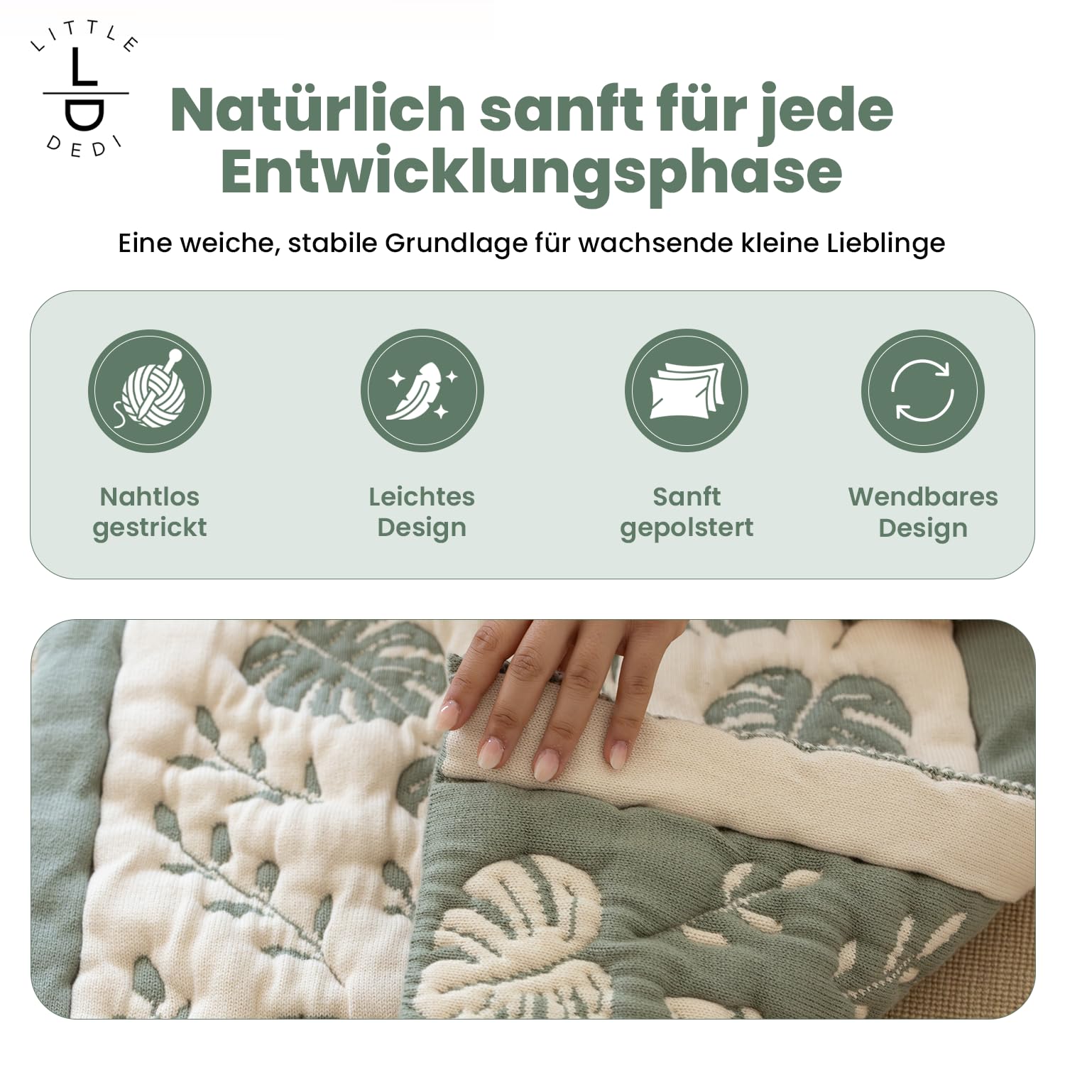 Monstera Wickelmatte 50 x 85 cm - OCS zertifizierte Bio-Baumwolle, gequiltete Wickelunterlage im Dschungel-Look (Grün/Beige) - Nahtlos, Wendbar, Reise-Wickelmatte | OCS zertifizierte Bio-Baumwolle, Gequiltet, Dschungel-Look, Nahtlos, Wendbar, Reise-Wickel