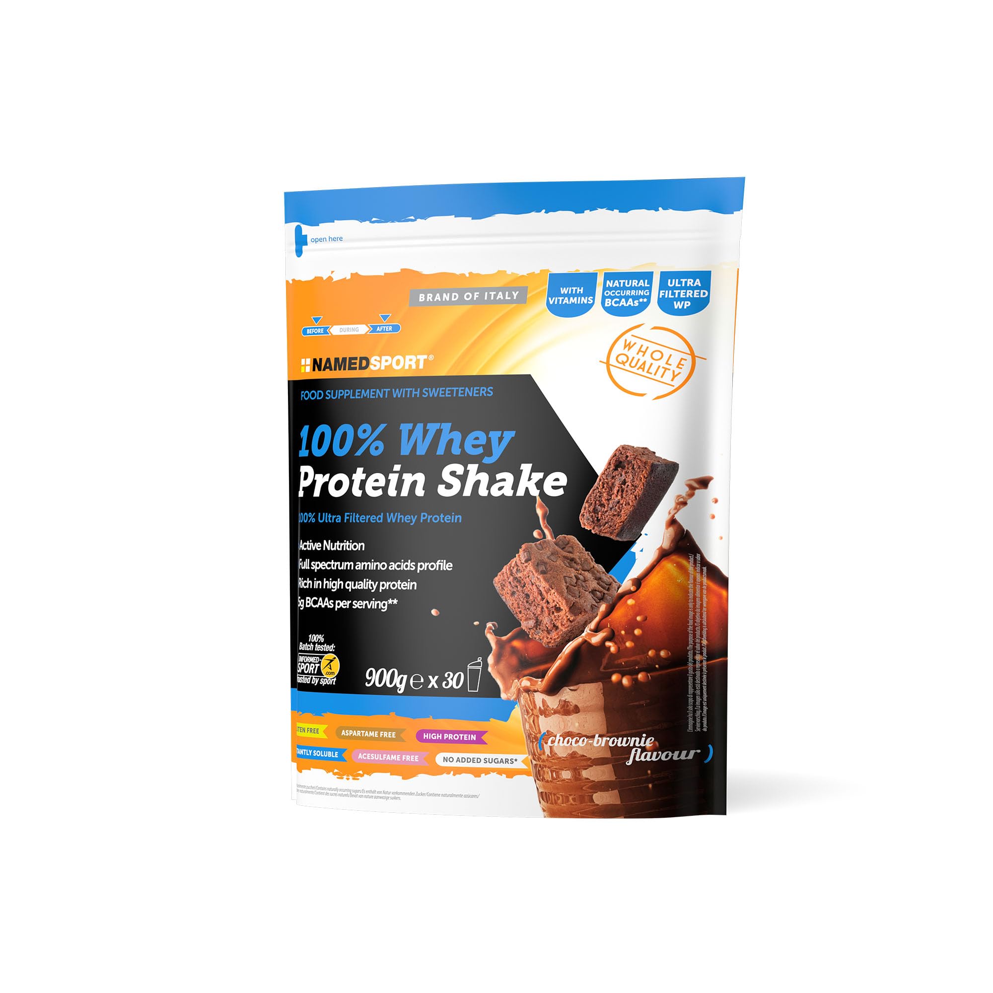 NAMEDSPORT 100% Whey Protein Shake Choco Brownie | Proteine in Polvere Isolate | Proteine del Siero del Latte per Massa Muscolare e Recupero | Low Sugar & High Protein | 900g Brownie al Cioccolato