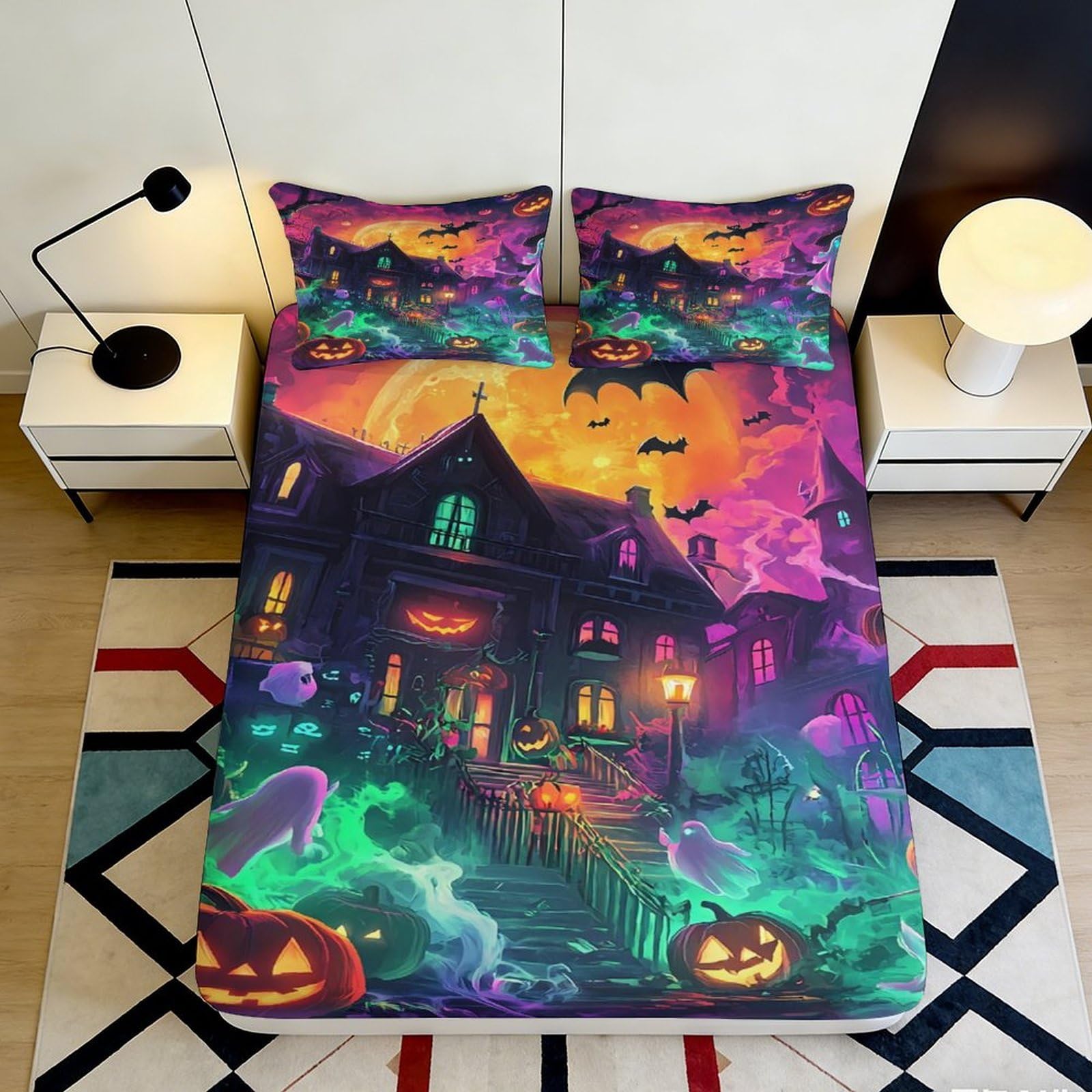3D Printed Haunted House Fitted Sheet Microfiber Soft Halloween Pumpkin Mattress Cover for Bedroom Dorm Decor 90x200x25cm