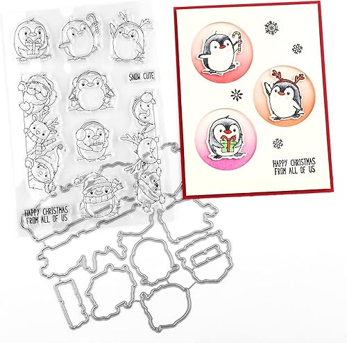 Briartw Lindos pingüinos Alegría Invierno Happy Friends Feliz Navidad Regalo de nieve Troquel de corte de metal y sello de goma transparente DIY