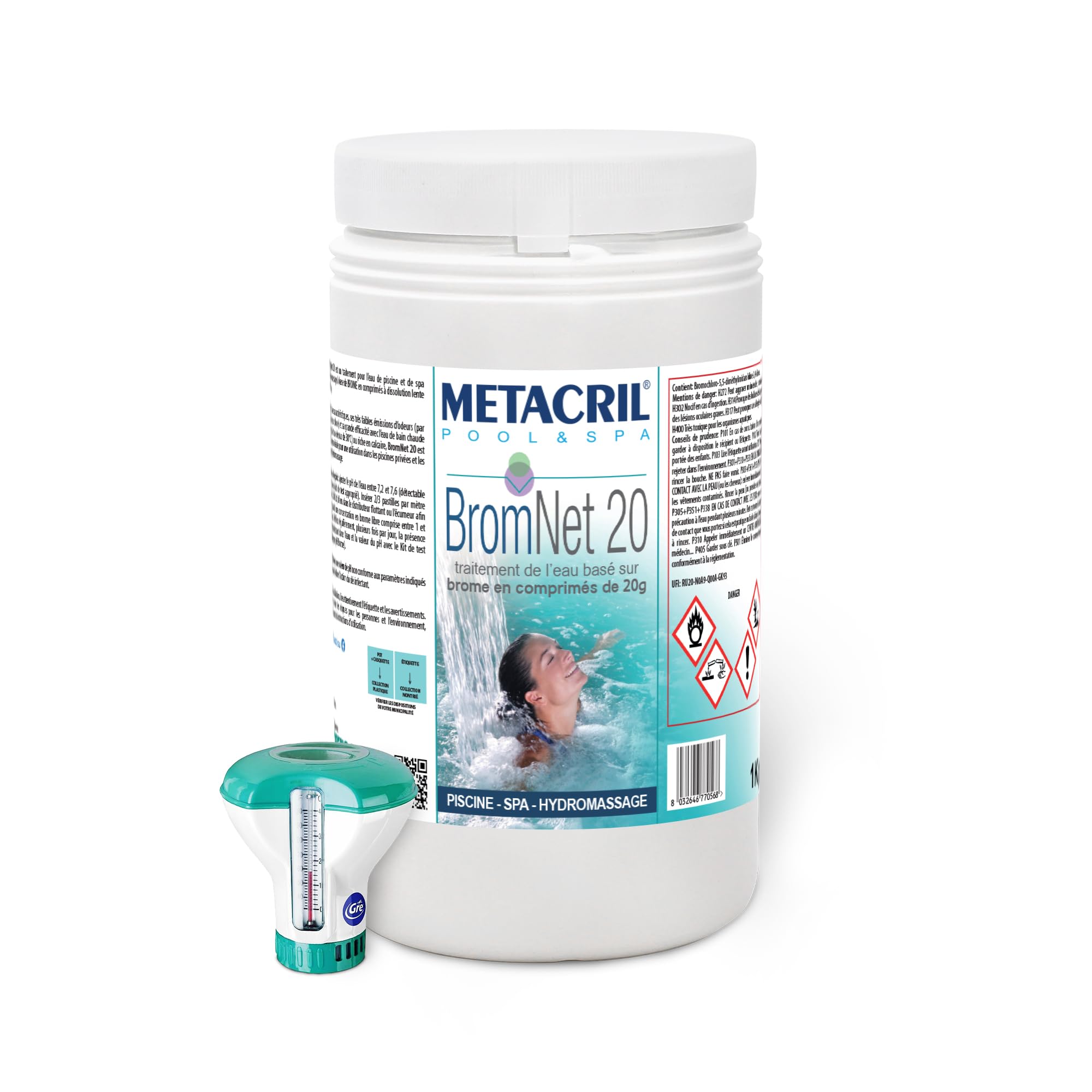 Metacril Brom Net 20 + Dosatore Galleggiante c/Termometro - 1 Kg | Bromo in Pastiglie da 20 gr, a Lenta Dissoluzione, Ideale per Piscina e Spa Idromassaggio