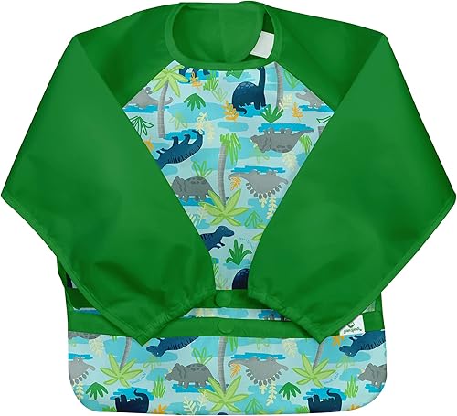 Snap & Go - Babero de manga larga fácil de usar, 12-24 meses, diseño de dinosaurios aguamarina