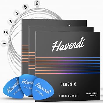 HAVENDI Guitar Strings for classical guitar - brilliant sound quality strings made of nylon for classical guitar coated with silver 6 string set incl. 3 picks