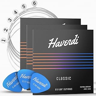 HAVENDI® Guitar Strings for classical guitar - brilliant sound quality strings made of nylon for classical guitar coated with silver (6 string set) incl. 3 picks