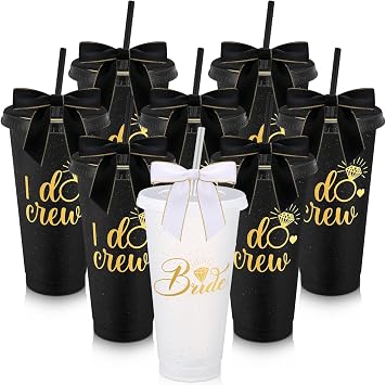 8 Pcs Bridesmaid Plastic Tumbler with Straw Lid and Twist Bow 24 oz I Do Crew and Bride Reusable Tumbler Bridal Party Proposal Gifts Bachelorette Party Gifts for Wedding Bridal BridesmaidsBlack