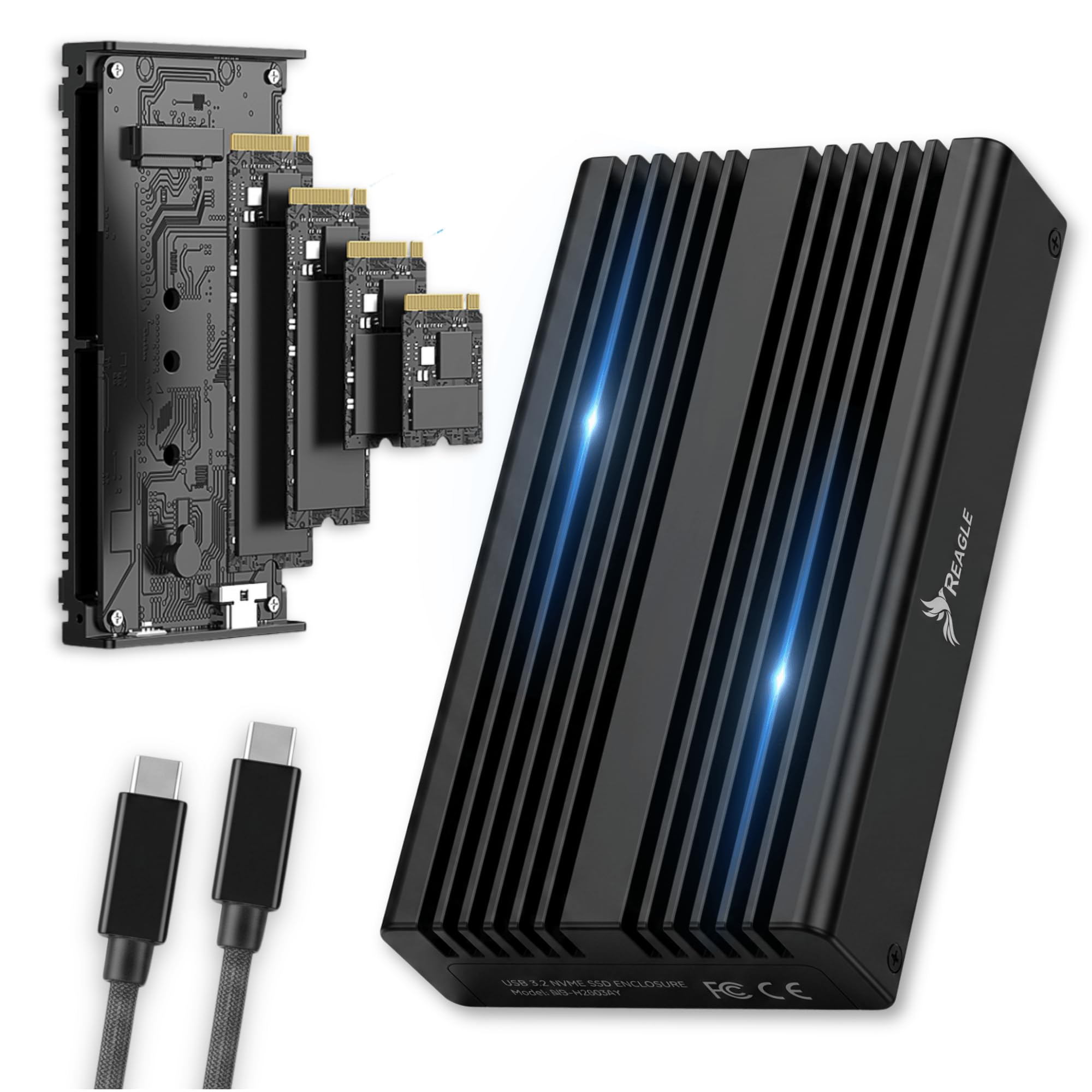 Reagle USB4 M.2 NVMe SSD Gehäuse 40 Gbit/s, kompatibel mit Thunderbolt 4/3, für PCIe M-Key/B+M-Key 2230–2280 bis 8 TB, ASM2464PD, Aluminium, USB-C, Schwarz