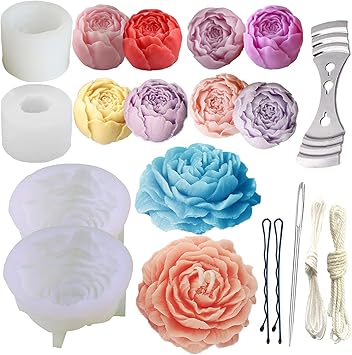11PCS Peony Mold&Bud Peony Candle Mold(4 Pack) Peony Flower Silicone Molds Soap Molds Peony Rose Candle Mold Resin Mold with Large-Eye Wicking Needle Candlewick Holders for Candle Making Resin Craft