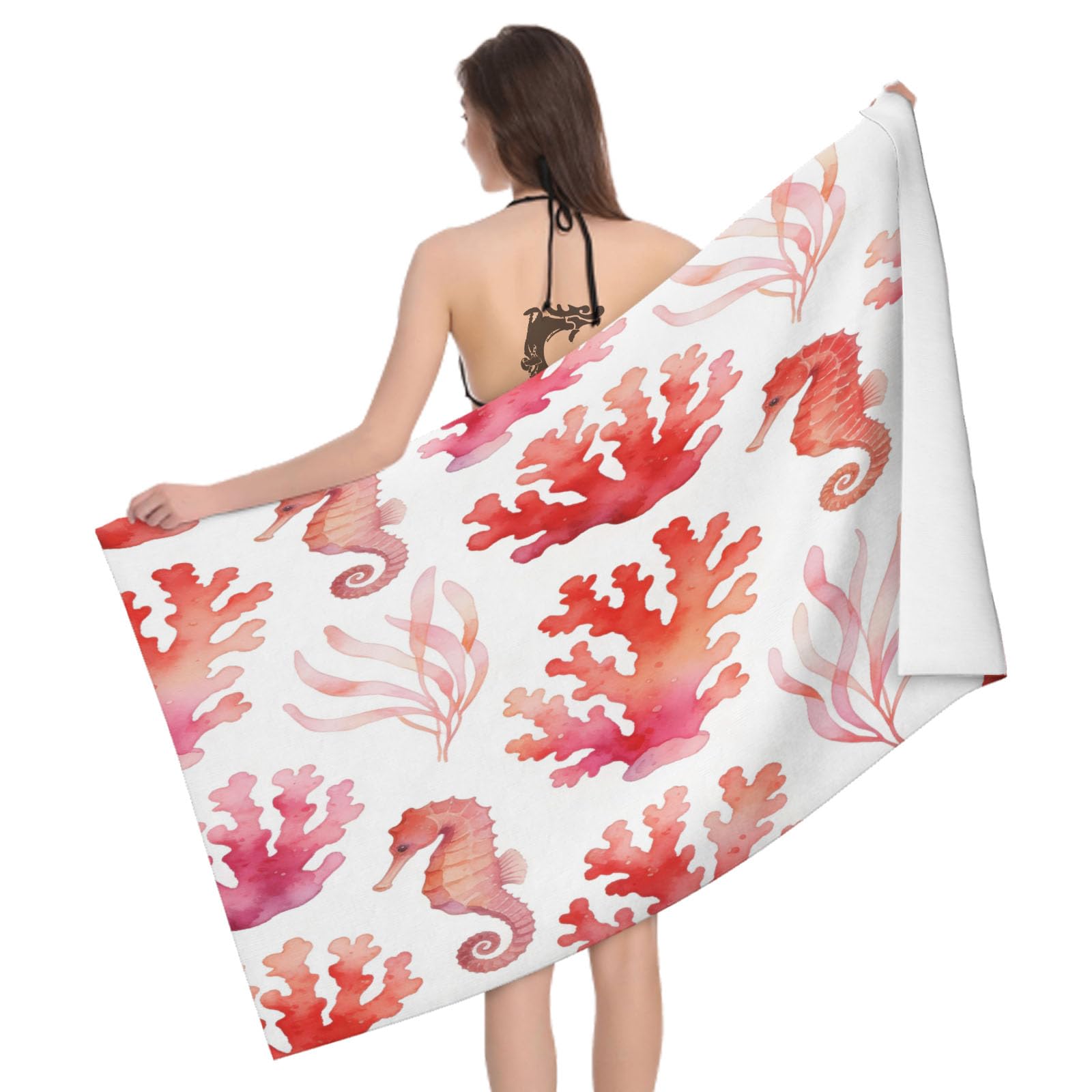 Leichong 3D Ocean Marine Beach Towel Large Microfiber Soft Quick Dry for Adults, Watercolor Illustration Bath Towel Lightweight Soft Absorbent for Travel Swimming Pool Sports, 80 x 160 cm