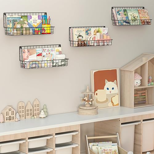 Miniatura 5 de X-cosrack Paquete de 4 estanterías de metal montadas en la pared, estantes flotantes para libros para niños, guardería, aula infantil, organizador