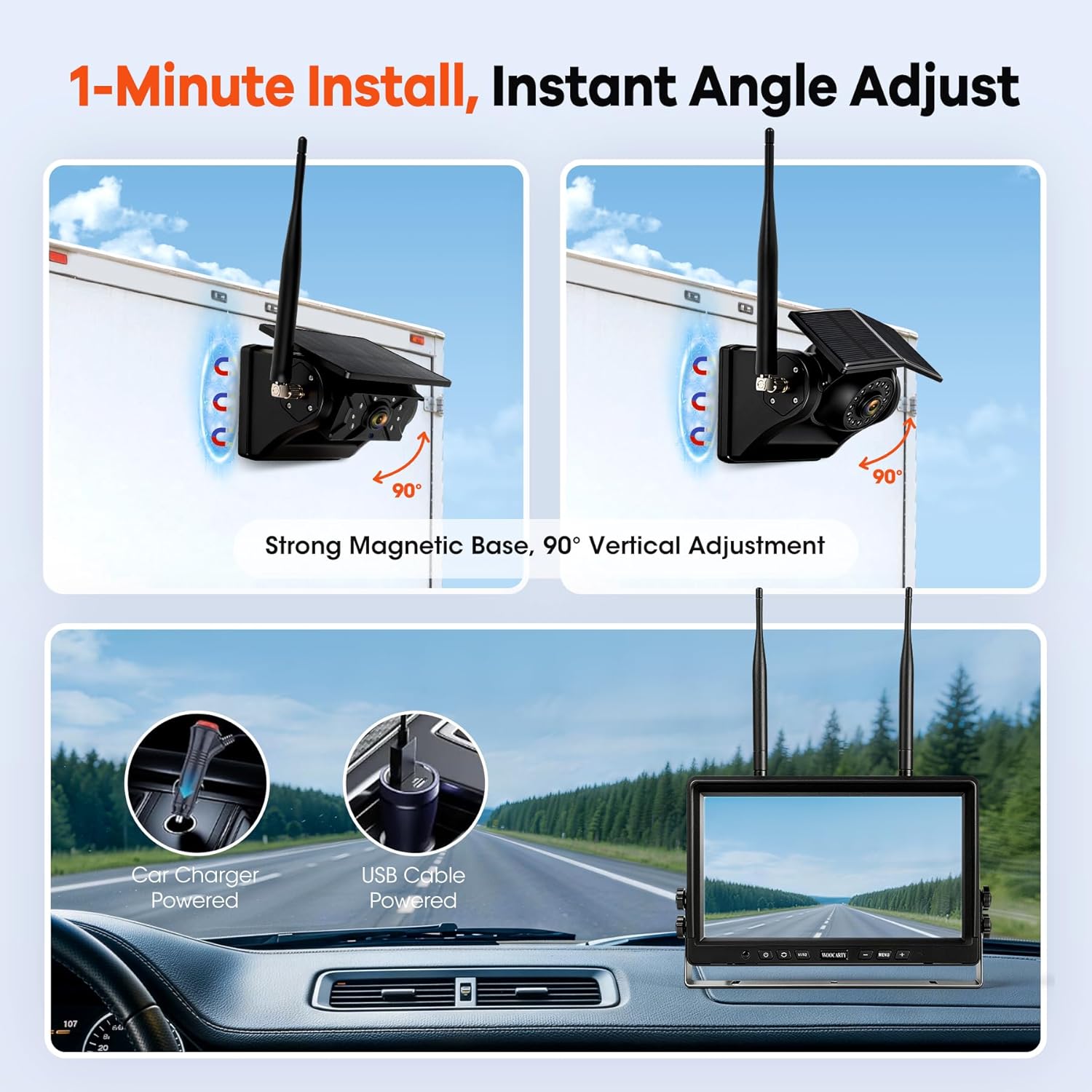 3 Solar Magnetic Wireless Trailer Camera System, 10.1" IPS DVR Screen + Solar Powered Night Vision Rear Camera, 100% No Wiring Waterproof Backup Camera System for RV Truck Trailer Hitch, BT3