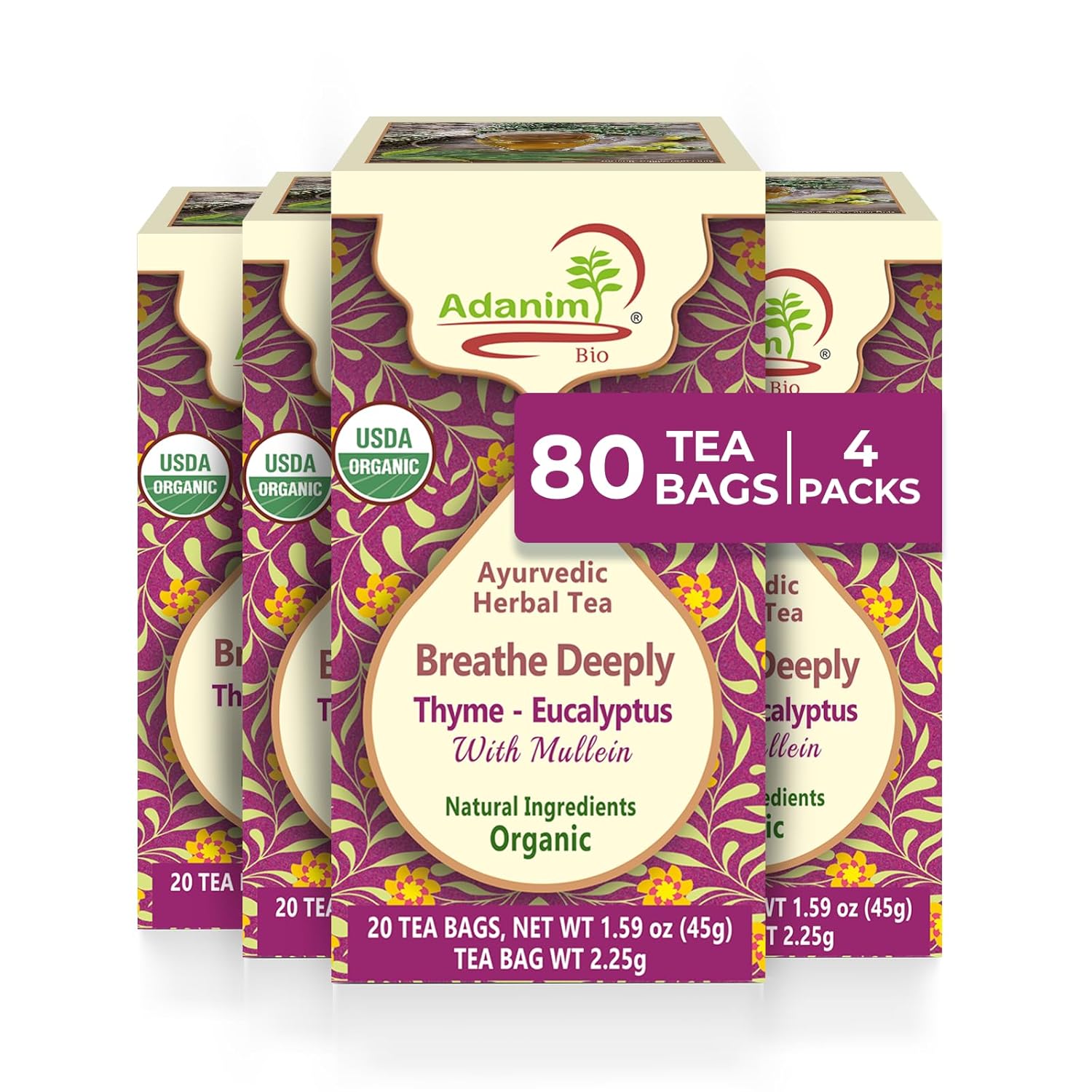 Adanim Bio Organic Thyme Eucalyptus Mullein Tea Thyme Leaves Caffeine Free Herbal Tea Thyme Leaf Tea Natural Kosher 80 Tea Bags