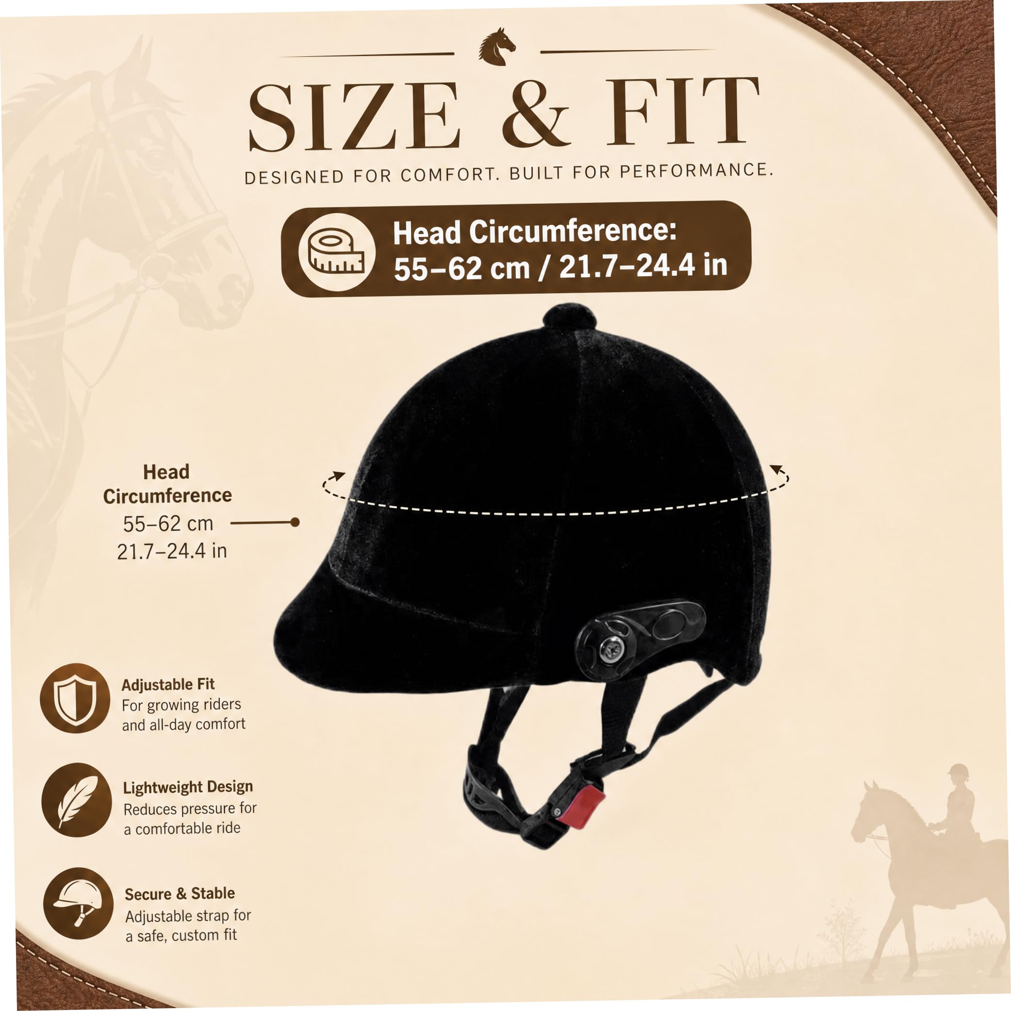 Casco para Montar a Caballo, Casco Ecuestre de Terciopelo, Gorro para Montar a Caballo, Ajuste Ajustable para Adultos y Adolescentes |.Negro, 55-62 cm/21, 65-24, 41 Pulgadas
