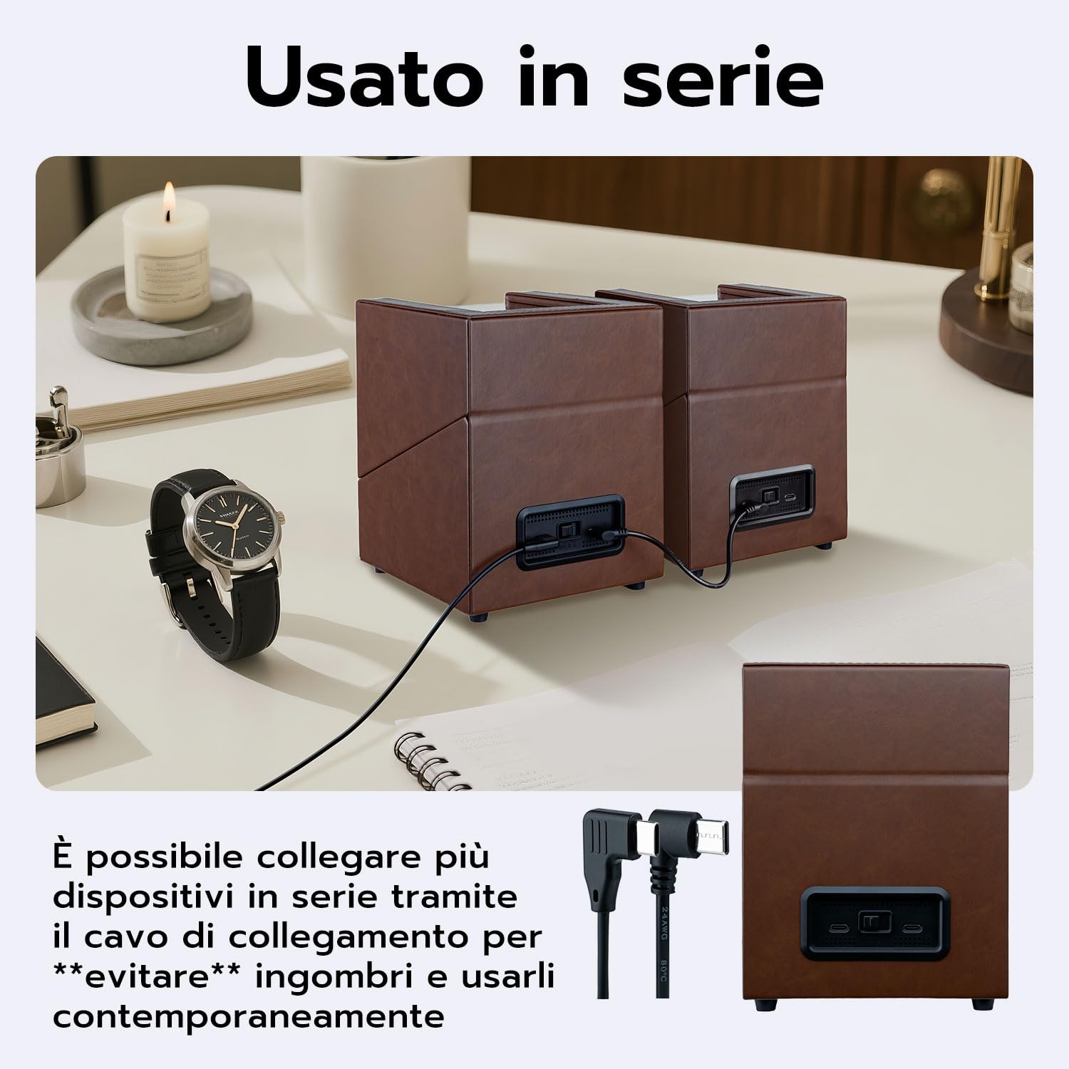 Mcbazel Carica Orologi Automatici in Pelle, Scatola per Due Orologi, Cofanetto per Orologi Automatici con Unità Rotante Silenziosa a Due Mode di Rotazione [Marrone]