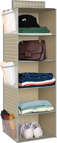 Criusia - Organizador de armario colgante con 5 estantes estantes colgantes de tela con 6 bolsillos laterales de malla organizador colgante plegable
