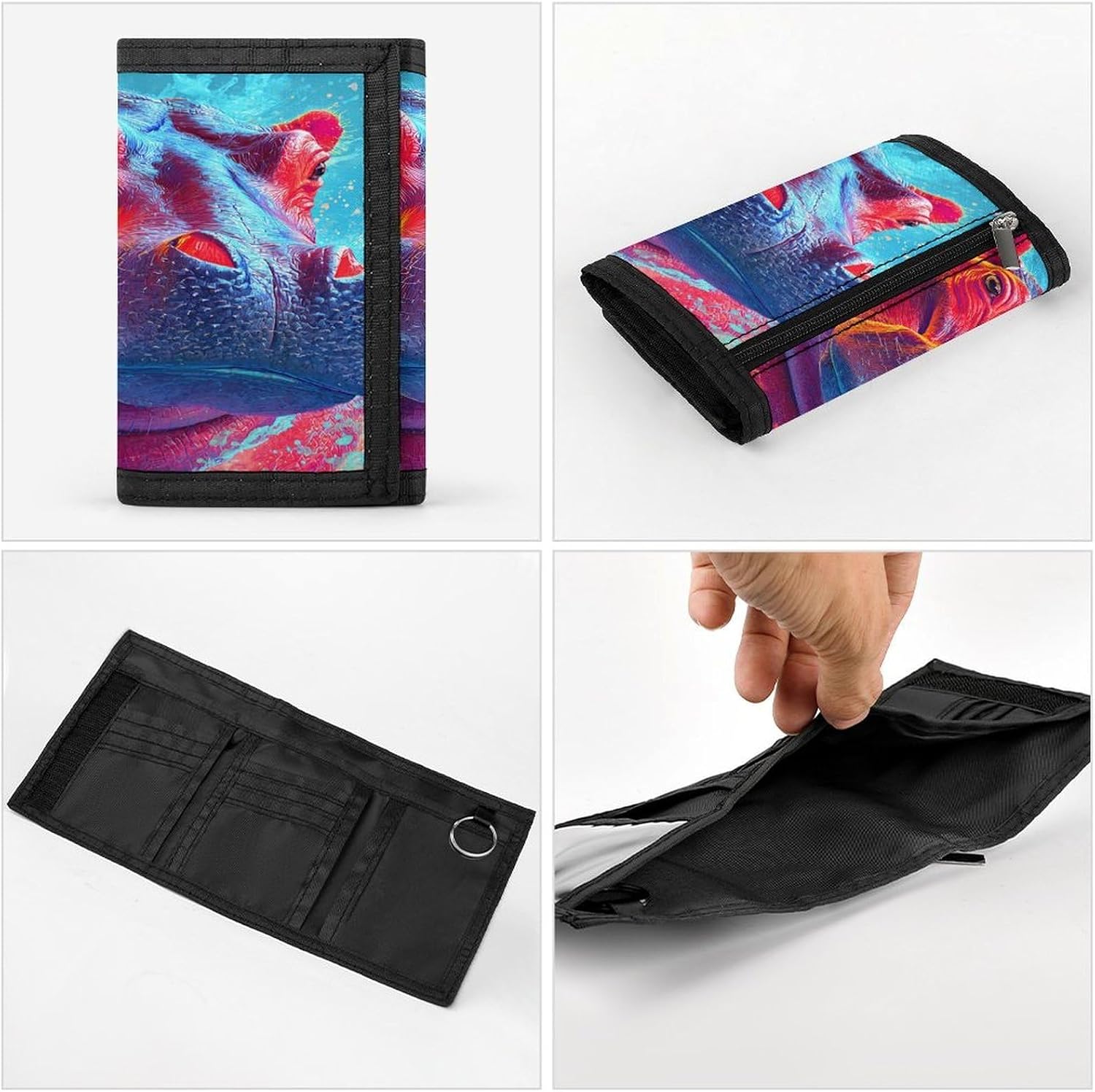 Colorful Hippo Painting Trifold Slim Wallet Front Pocket With Money Clip And ID Credit Card Slots For Travel Work