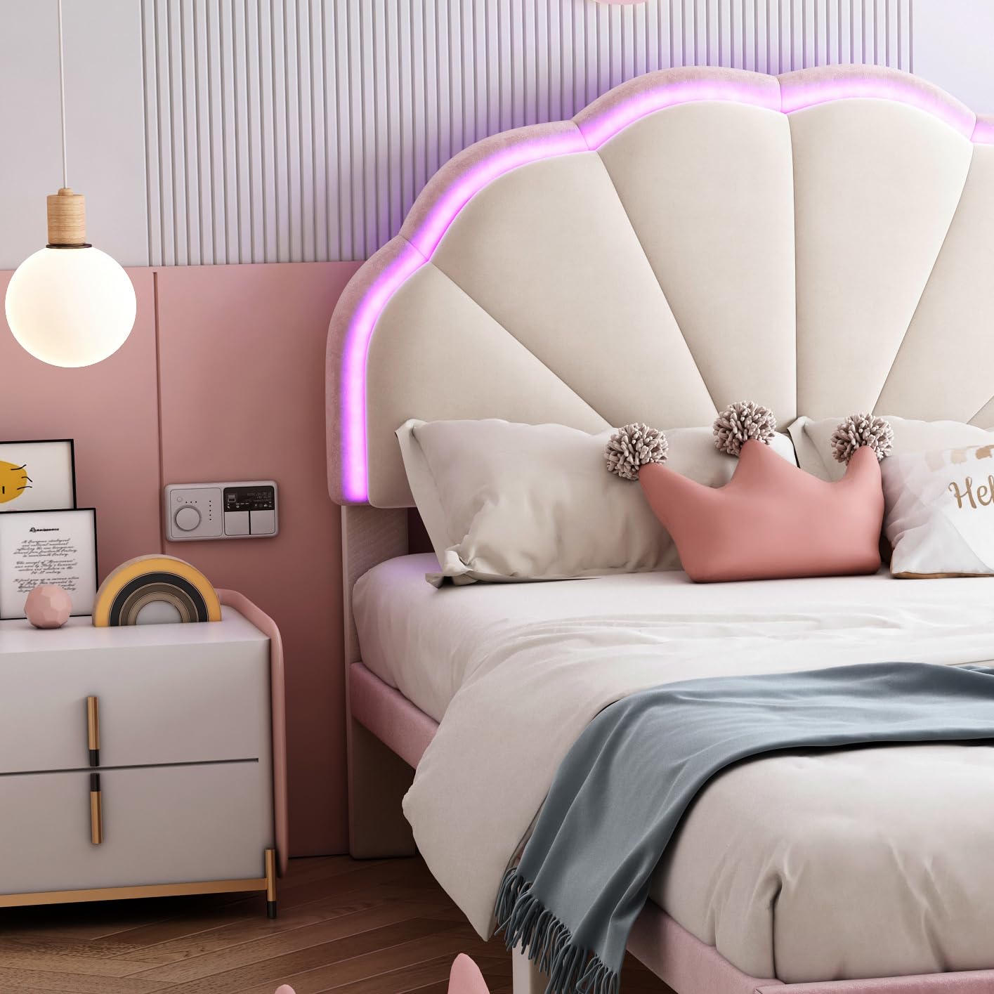 Cama tapizada LED para niños: cama individual de terciopelo en beige y rosa, 90 x 200 cm, con cabecero ondulado, tiras de luz que cambian de color y patas acolchadas, habitación infantil de cuento de