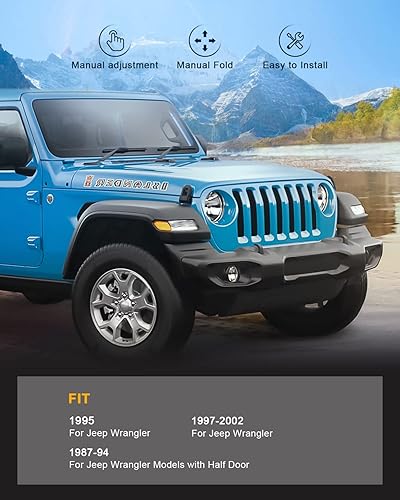 Miniatura 6 de Juego de espejos laterales para Jeep Wrangler 1987-2002 con plegado manual de media puerta, sin calefacción, color negro texturizado manual