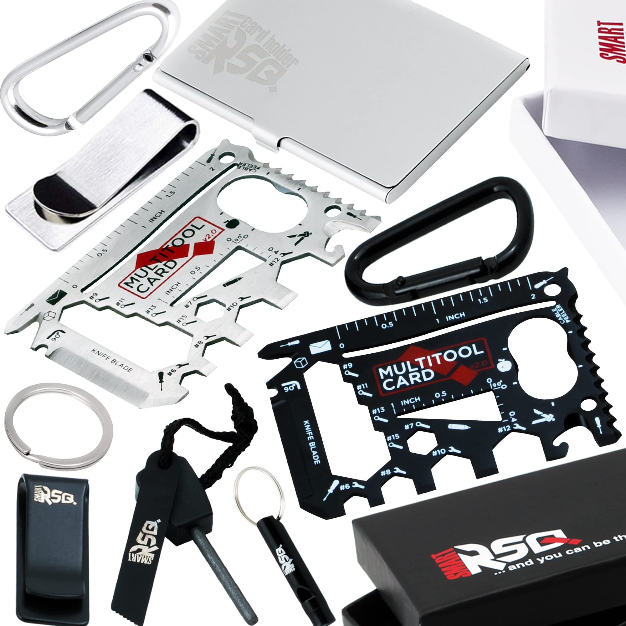 SMART RSQ37-in-1 Credit Card Tool Black & Silver Sets Men's Gifts (2 Sets in 1 Pack). Wallet Multitool Card Tool Gift. Wallet Multitool Card Tool Gifts for Dad. Best Gifts for Men Who Have Everything