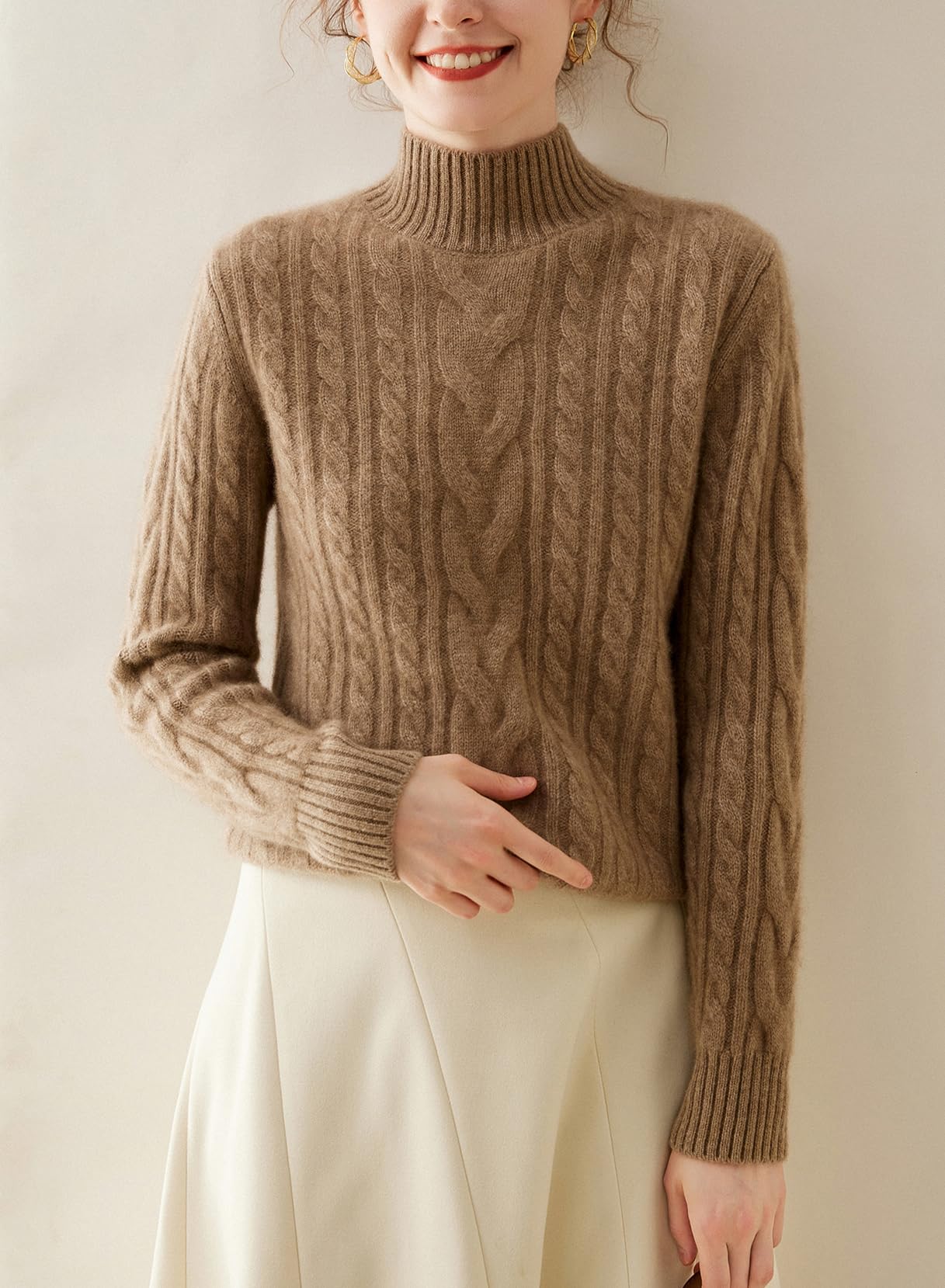 DISSA MA934 - Maglione da donna in cashmere e lana, con colletto alto, a maniche lunghe, con motivo a treccia