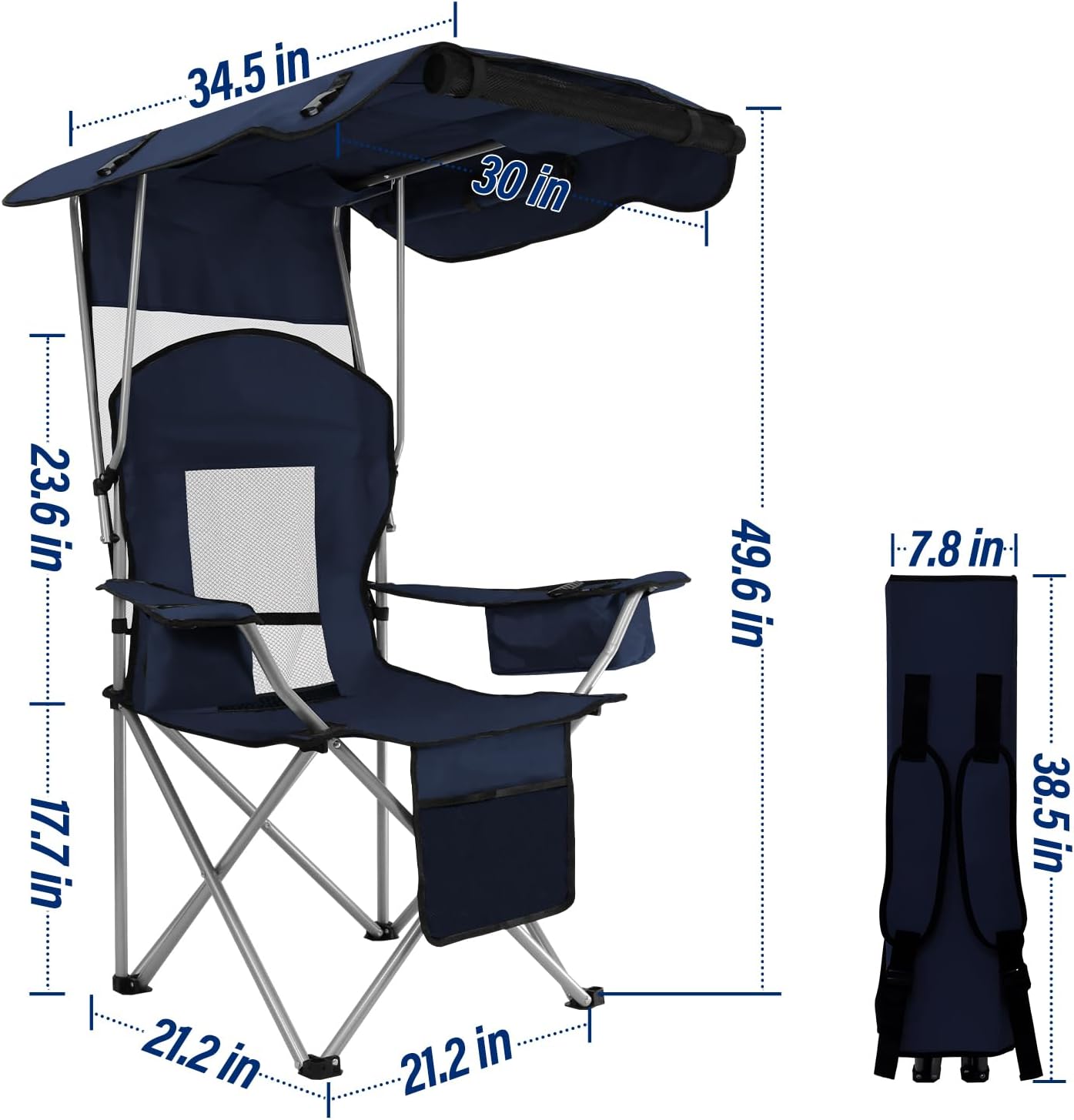 beach chair with canopy shade, folding camping chair support to 330lbs, outdoor chair with cup holder & cooler bag for travel hiking navy blue