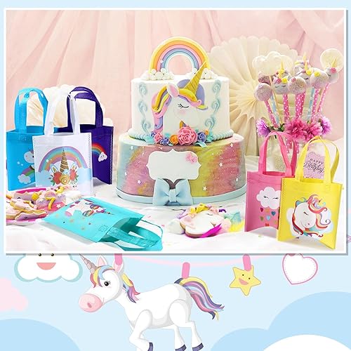Miniatura 5 de Yerliker 24 bolsas pequeñas de unicornio para fiesta de cumpleaños, regalo de unicornio, bolsas de dulces con asas, reutilizables, no tejidas,