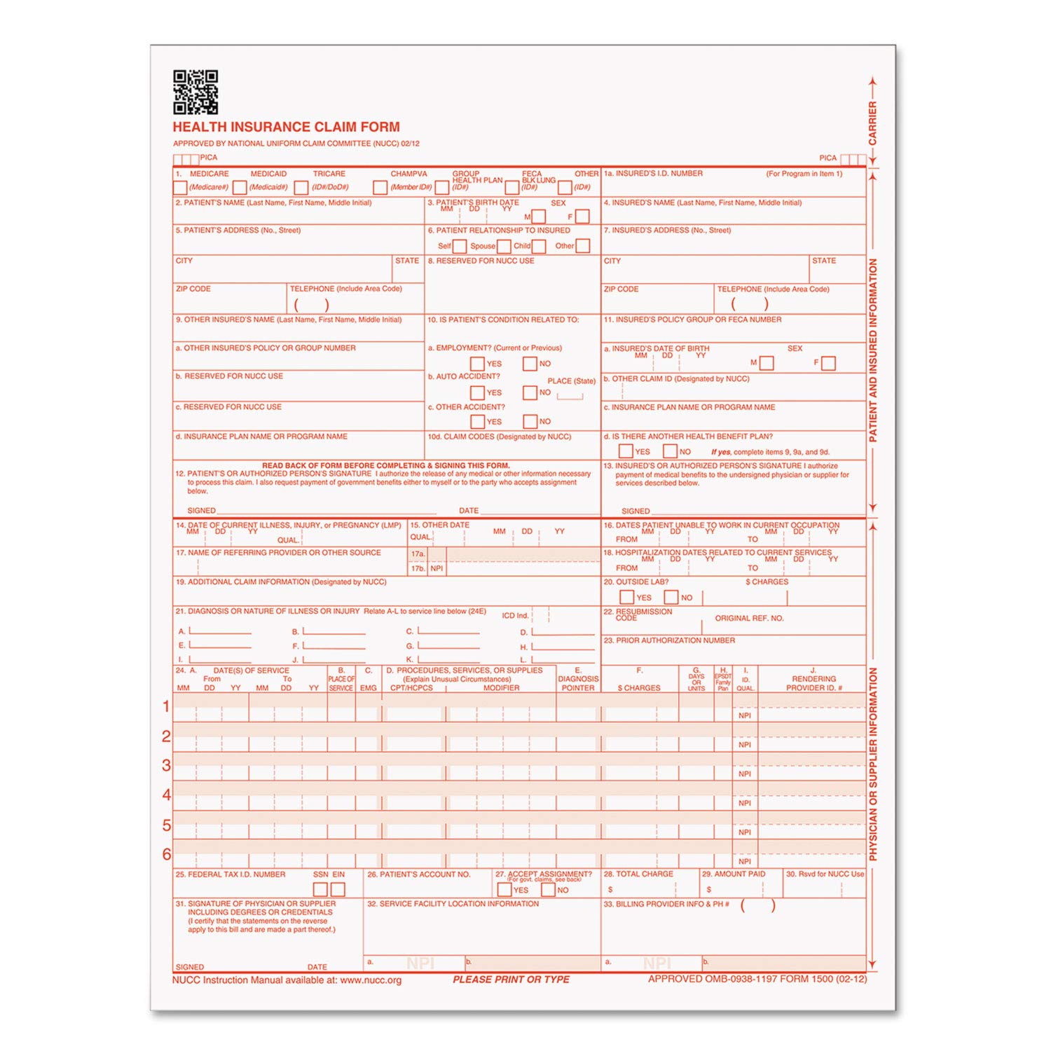 TOPS Health Insurance Claim Forms for Laser Printer, 8.5 x 11 inches, 500 Sheets per Pack (50126RV)
