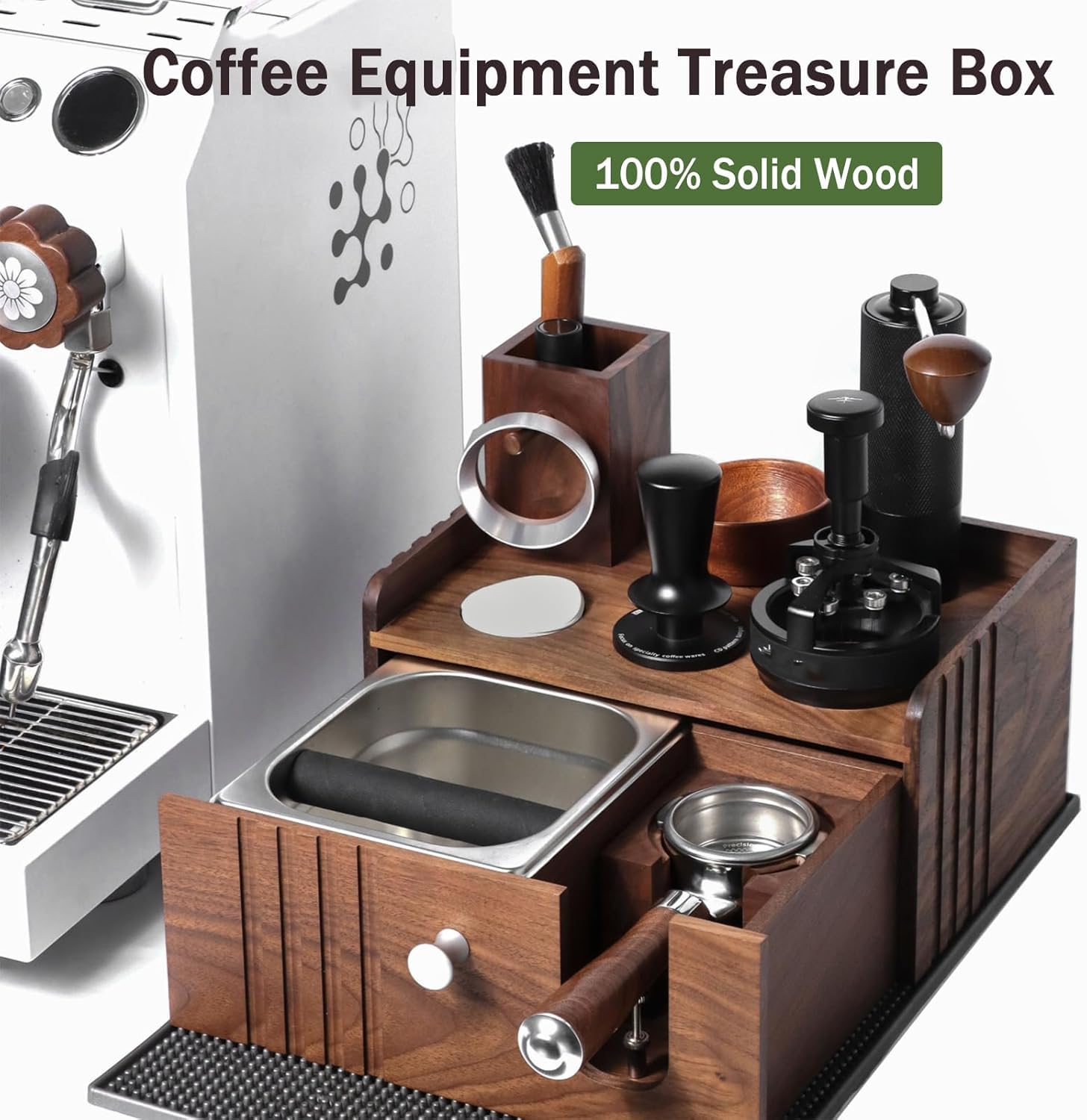 Uchwyt na drewniany uchwyt na filtr do kawy espresso, stacja tłoczenia kawy espresso 58 mm, z pudełkiem na odpady ze stali nierdzewnej, drewno orzechowe, dystrybutor do przechowywania, ac