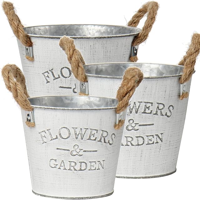 3PCS Plant Pots Outdoor Galvanised Planter Hanging Planter Garden Planters Metal Plant Pots Vintage Zinc Round Bucket Flower Pot Rustic Container for Plant or Decorative Home Modern Farmhouse Indoor