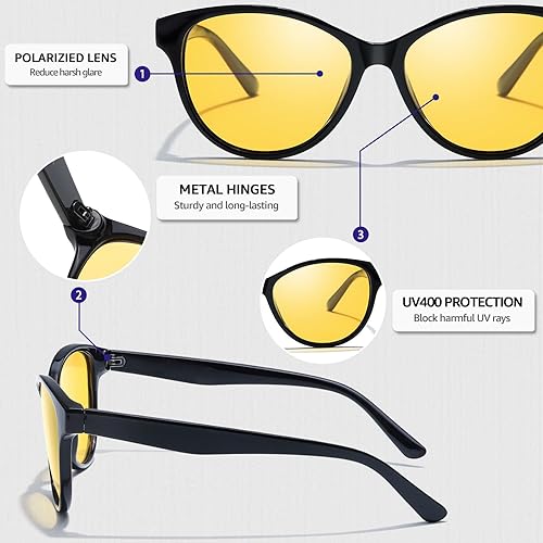 Miniatura 7 de Myiaur Gafas de Conducción de Visión Nocturna para Mujeres, Lentes Polarizadas Antirreflejantes de Lente Amarilla para la Noche, Protección UV400