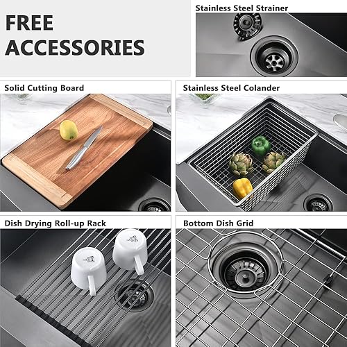 Miniatura 54 de Fregadero de cocina negro 33 x 22 pulgadas, de acero inoxidable negro, estación de trabajo frontal, calibre 16, R10, fregadero profundo de cocina