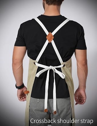 Pinknoke Denim Bbq Apron for Men Women with Pockets Adjustable Cross Back Chef Aprons for Kitchen Cooking Grilling Working