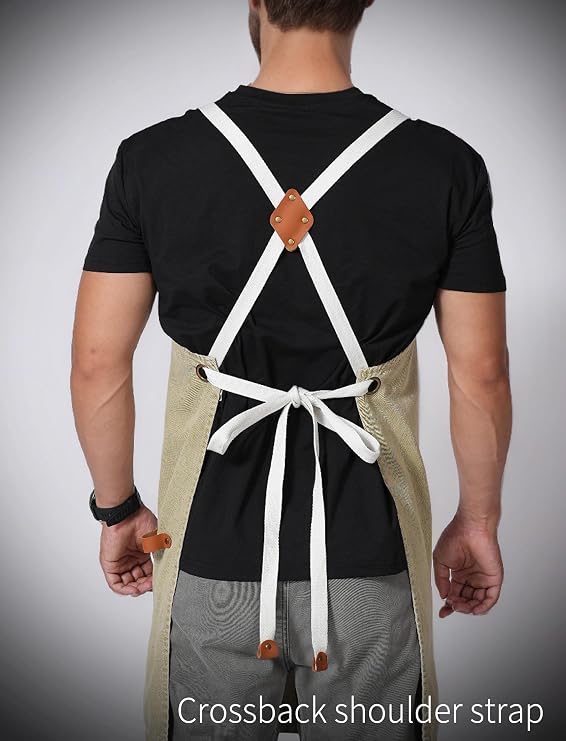 Pinknoke Denim Bbq Apron for Men Women with Pockets Adjustable Cross Back Chef Aprons for Kitchen Cooking Grilling Working