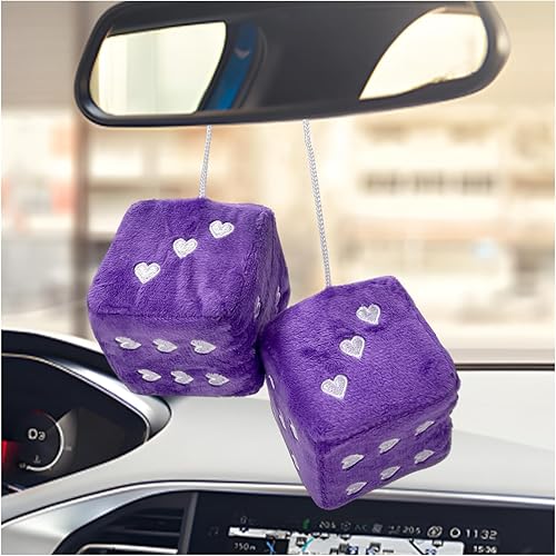 Miniatura 9 de 2 PCS Dados de Felpa Mullidos para Espejo de Coche, 2.75" Forma Cuadrada Retro de Corazón Decoración Linda para Espejo Retrovisor de Coche, Dados