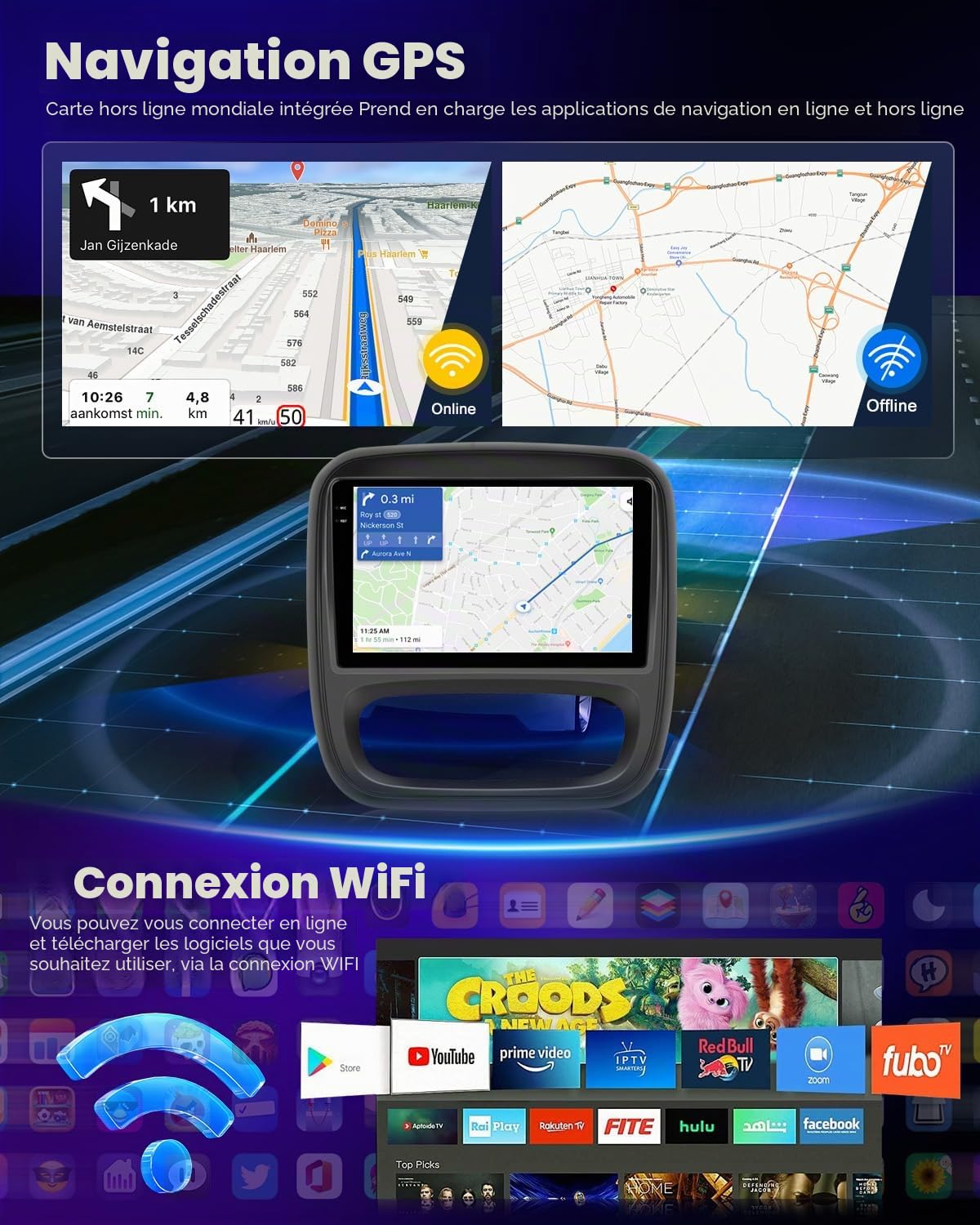 NHOPEEW Autoradio 4+64G Android pour Renault Trafic 2014-2021/Opel Vivaro 2014-2018 avec Carplay et Android Auto - Écran incell 9 Pouces Prise en Charge WiFi GPS Commandes au Volant + Caméra de recul