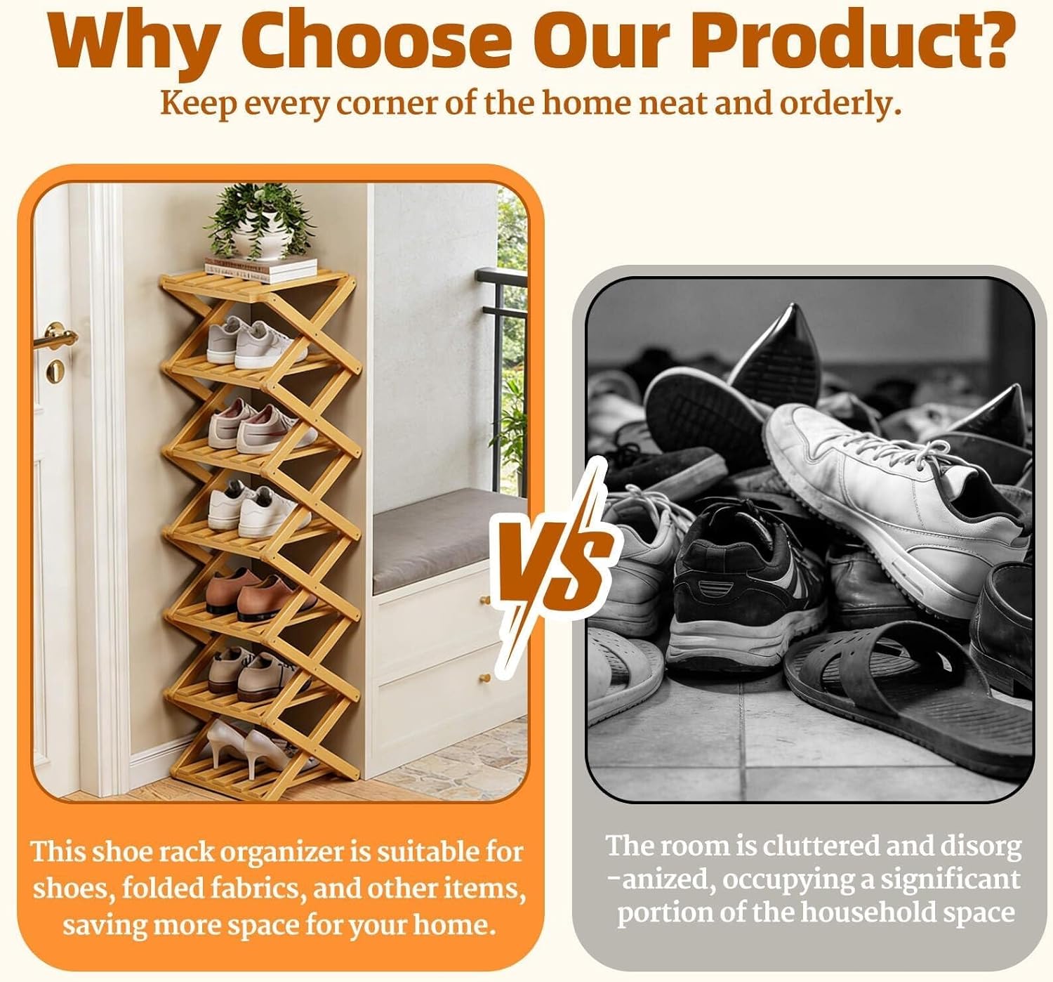 A 9-Tier Bamboo Shoe Rack—No Assembly Required. This Heavy-Duty, Foldable Storage Unit is Sturdy and Durable, Making it Ideal for use in Closets, entryways, Behind Doors, Dormitories, or bedrooms.