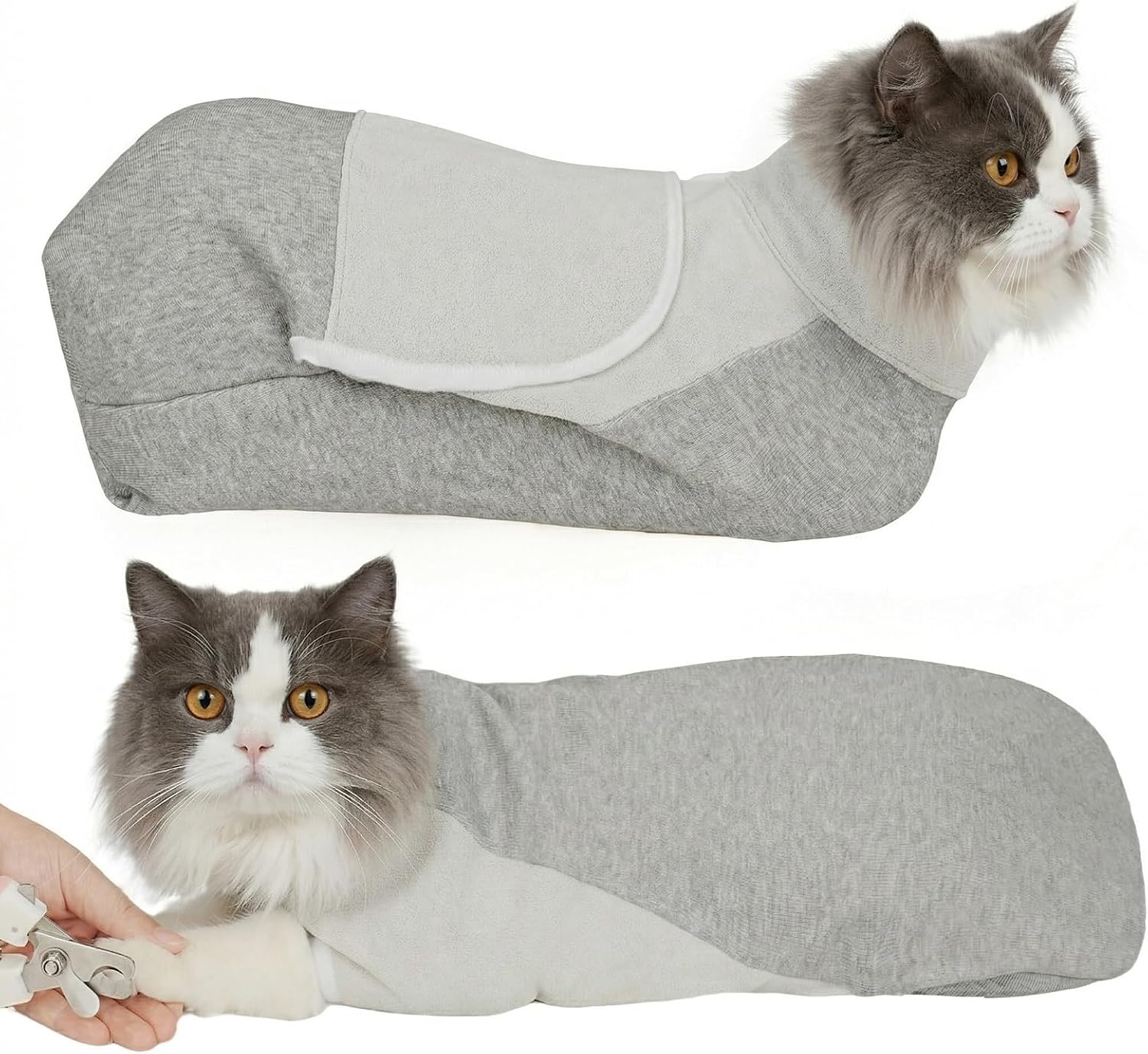 Cat Wrap for Cutting Nails, Self-Adhesive Cat Nail Clipping Restraint Bag, Anti-Scratch Cat Grooming Wrap Swaddle for Meds, SubQ Fluids, Ear Cleaning, Teeth Brushing & Vet Visits,Grey,M