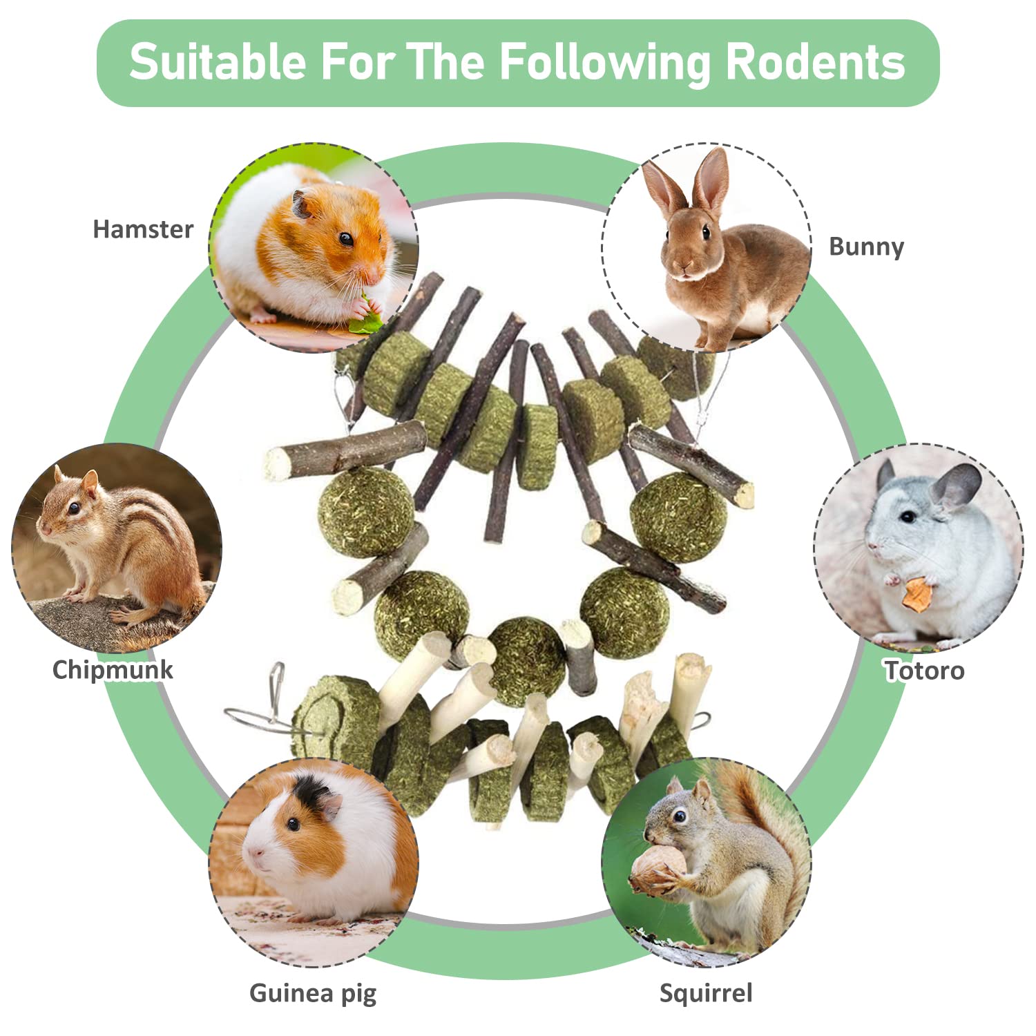 Jouets à Mâcher Pour Lapins - Lot De 8 (4 Balles Foin + 4 Anneaux) - Soin Dentaire Rongeurs (Hamster, Cochon D'Inde…)