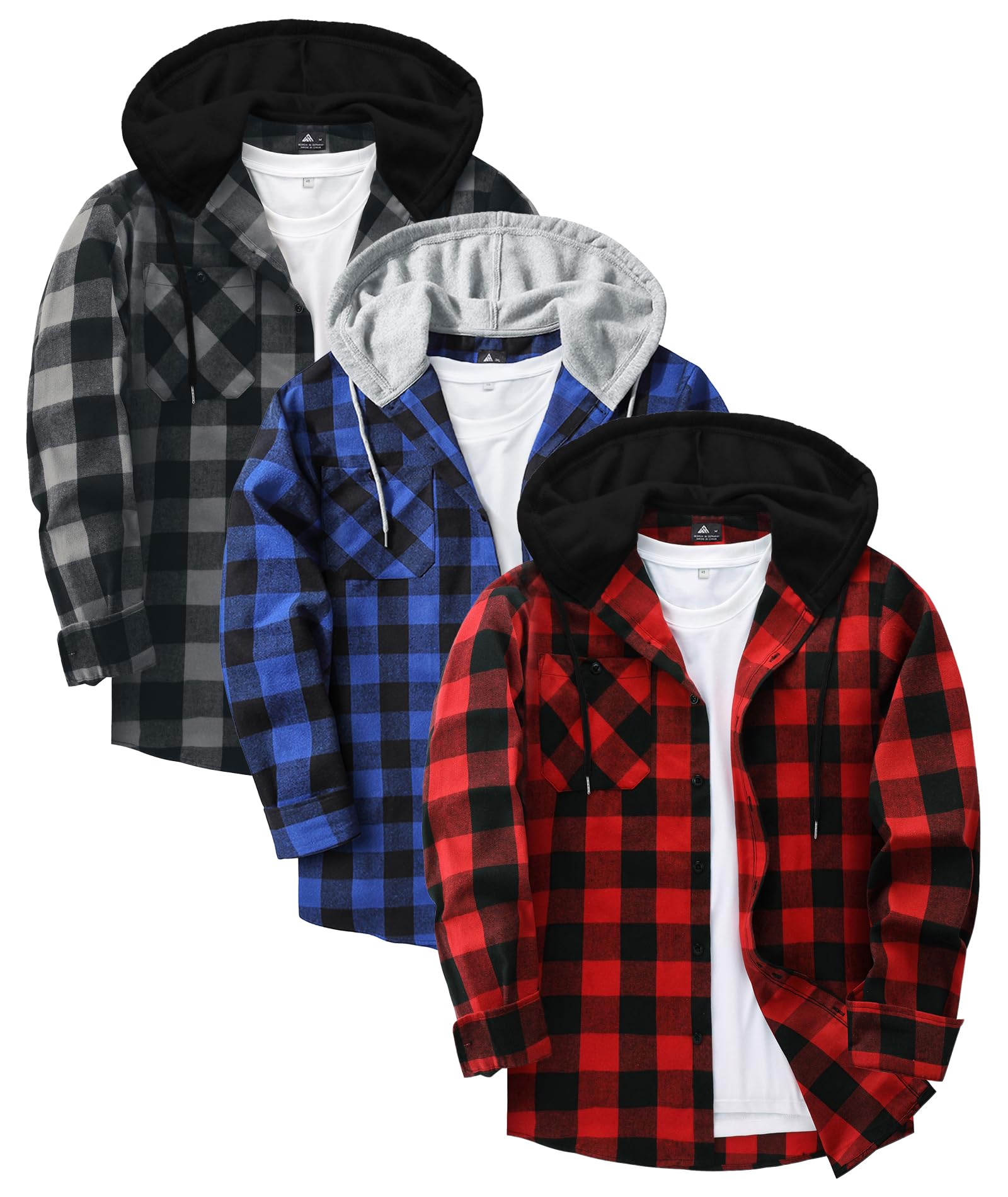 JACKETOWN Holzfällerhemd Herren Langarmshirt mit Kapuze Flanellhemd Herren Kariertes Hemd Lässige Vintage Button Down Karohemdjacke mit Tasche 3 er Pack M-3XL