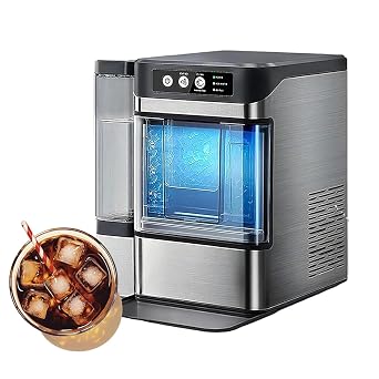 Nugget Ice Maker, Electric Pellet Ice Machine with Side Water Tank, One-Click Operation, Ideal for Home, Kitchen, Office and Bar, Perfect for Iced Tea and Coffee