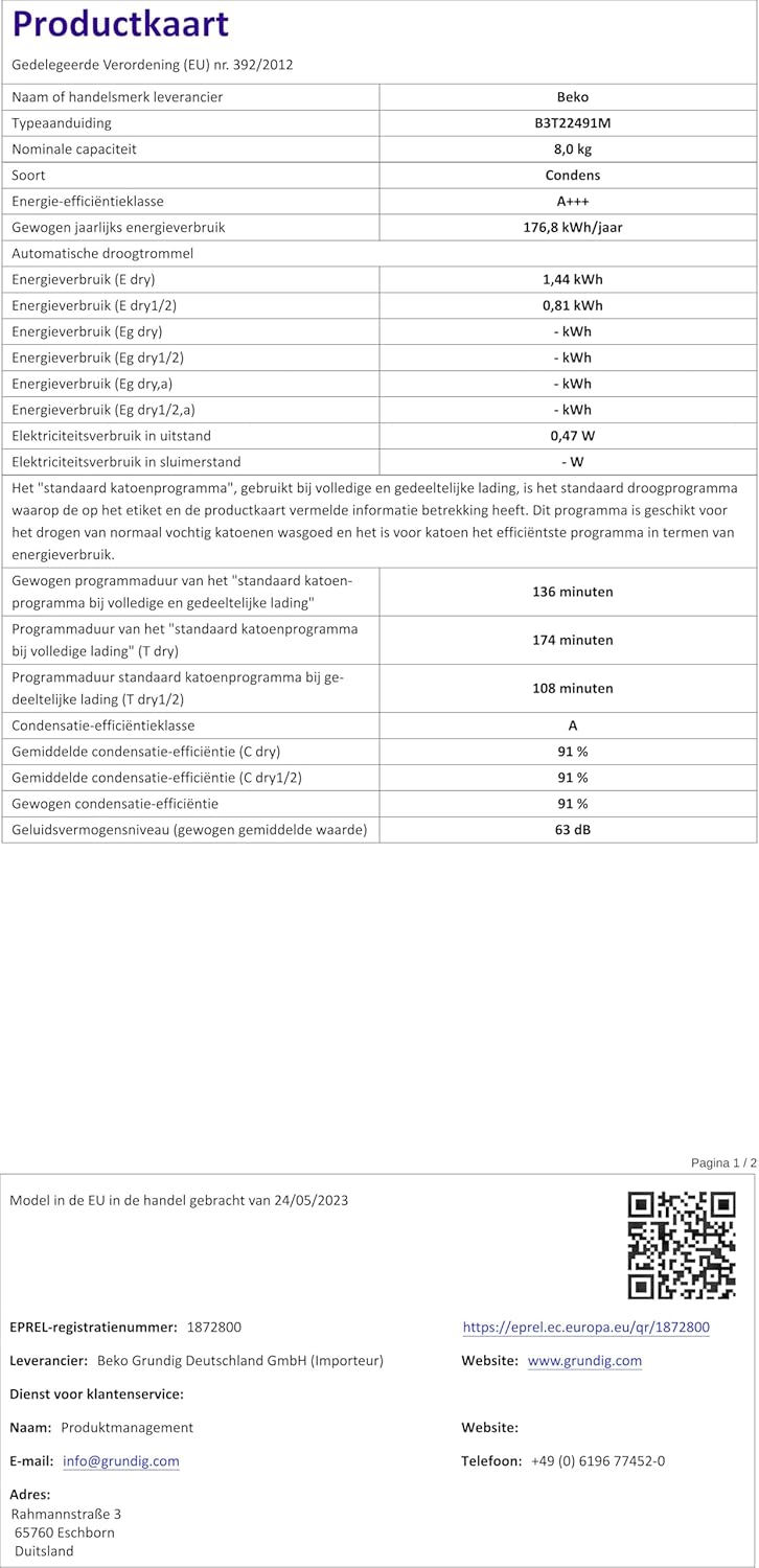 Beko B3T22491M Tumble Dryer Series B300, 8 kg, Front Load, Heat Pump Dryer, 15 Programmes, Sensor Drying, Steam Function, Silent Program, Suitable for Allergy Sufferers, Columnar, Manhattan Grey – Bild 12