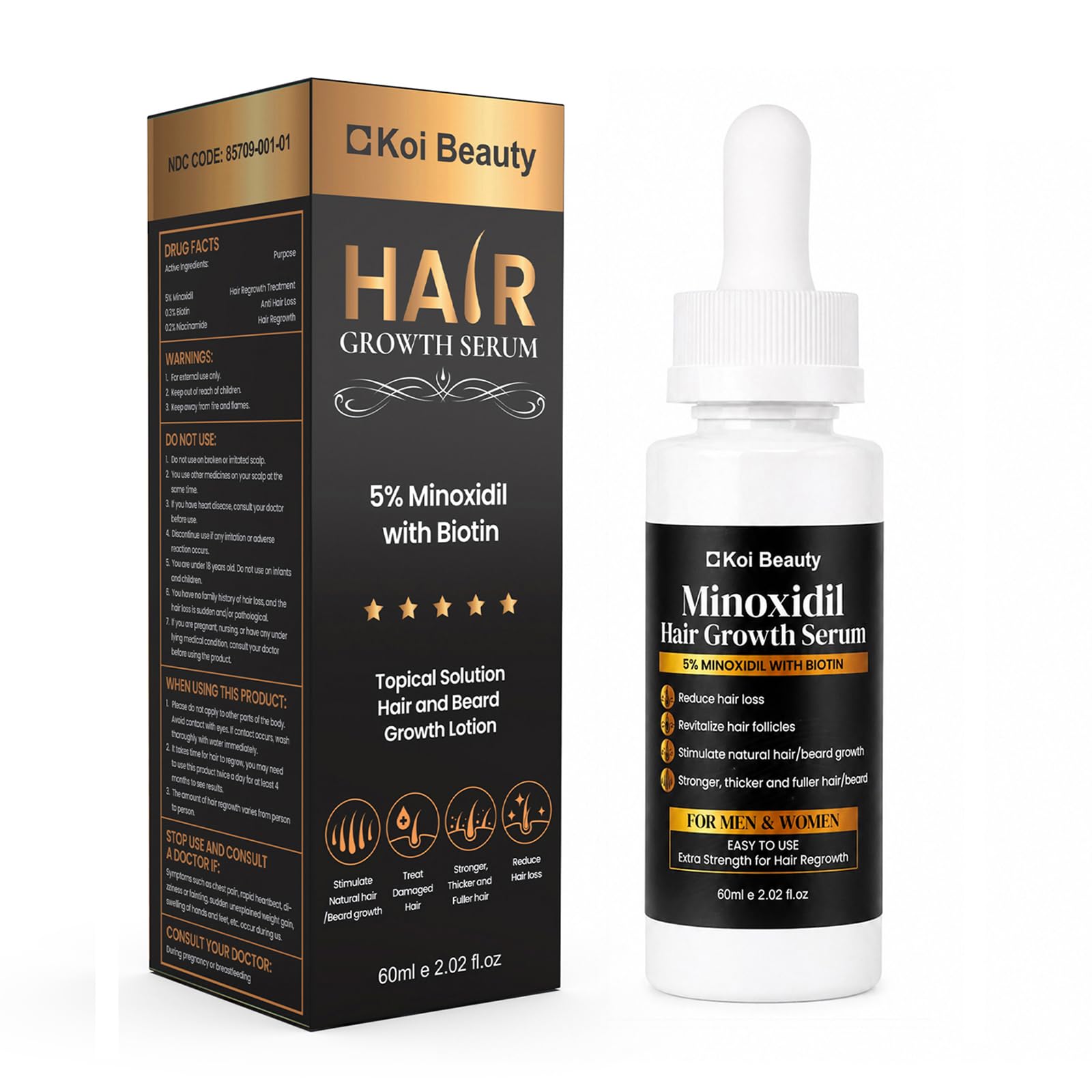 5% Minoxidil for Men & Women, Hair Growth Serum with Biotin, Hair Beard Regrowth Treatment Extra Strength Hair Loss Solution, 60ML - Child-Resistant Packaging