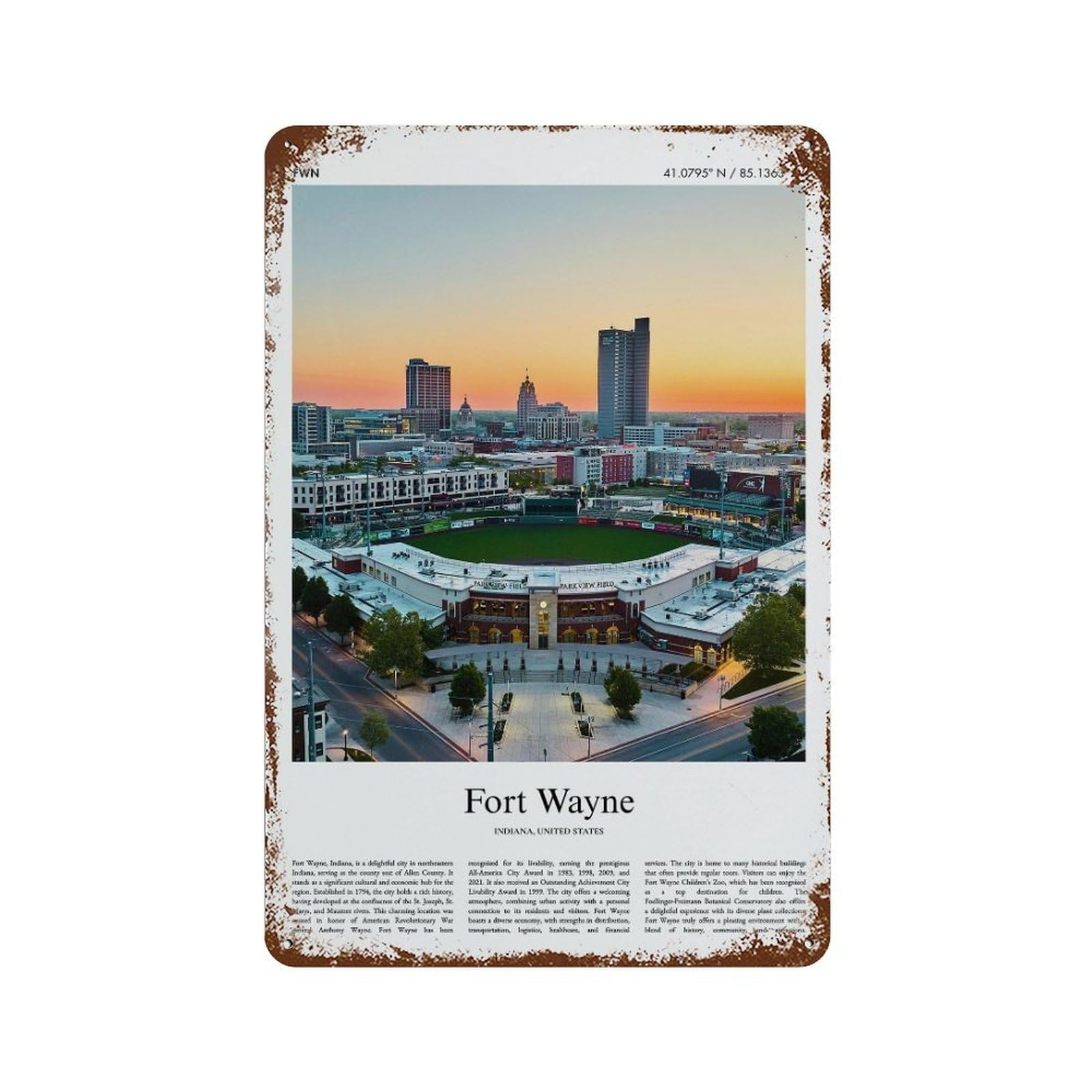 xiaoxiaoshen Fort Wayne Indiana, United States, USA City Scenery Wall Decor Art Metal Tin Poster Modern Home Decor Art Home Bar Shop Decorations Vintage Sign 30x20cm