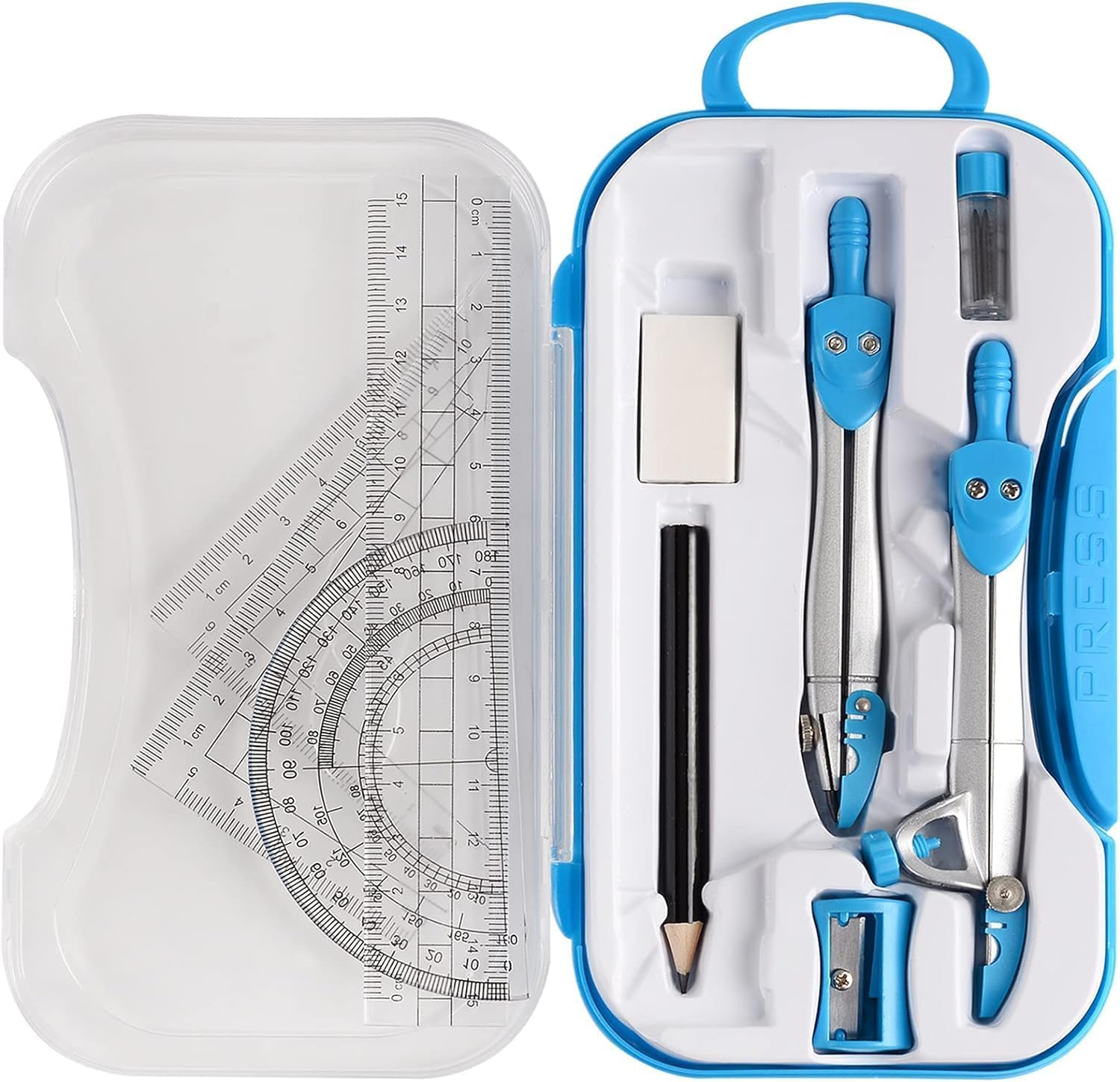 – Math Geometry Kit Sets 10 Piece Student Supplies with Shatterproof Storage Box,Includes 6”Rulers,Protractor,Compass,Eraser,Pencil Sharpener,Lead Refills,Pencil,for Drafting and Drawings（Blue）