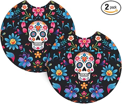 2PCS Mexican Sugar Skulls Flowers Print Car Cup Holder Coasters,Anti Slip Rubber Mat with Finger Notch for Women Men 2.7 inche