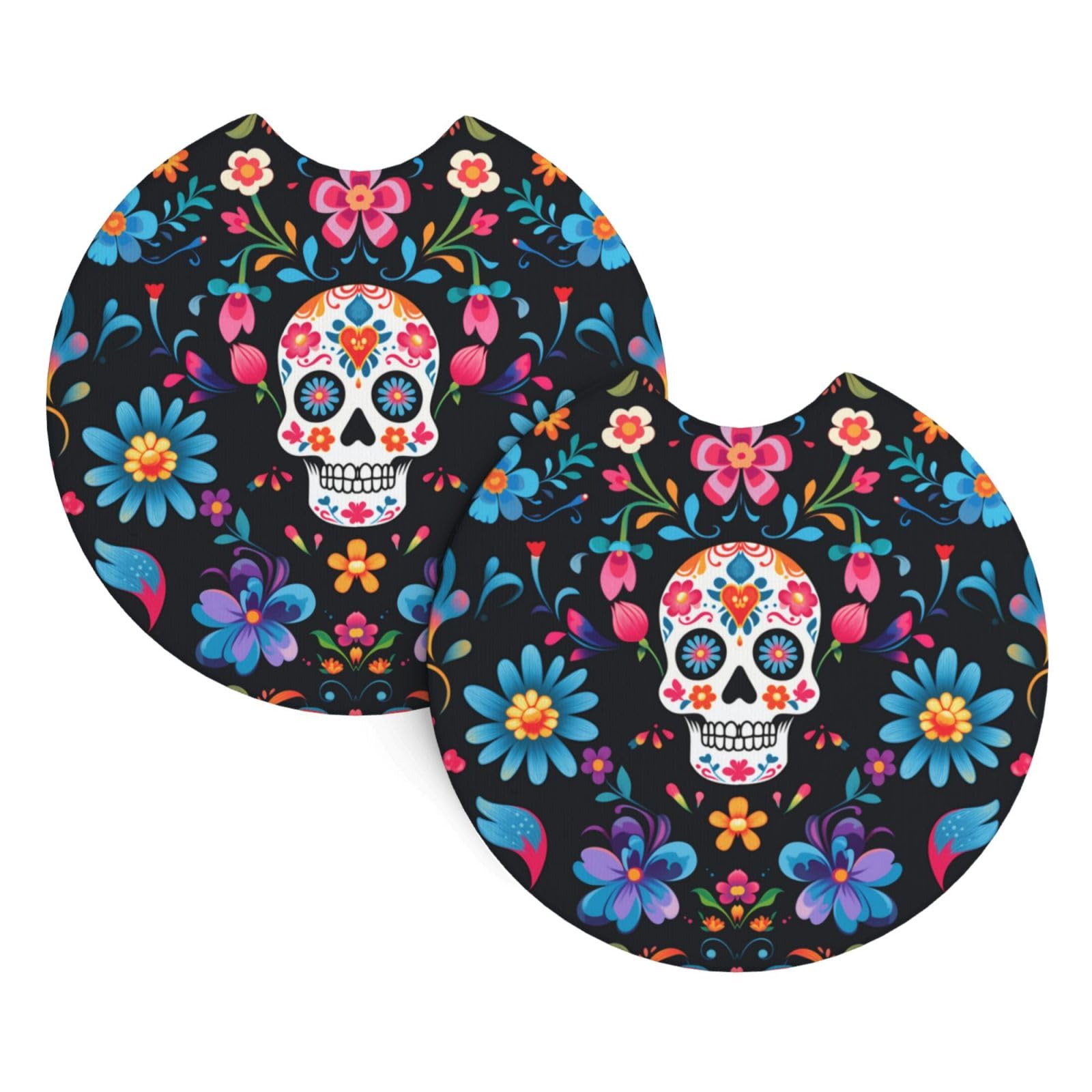 keluki 2PCS Mexican Sugar Skulls Flowers Print Car Cup Holder Coasters,Anti Slip Rubber Mat with Finger Notch for Women Men 2.7 inche