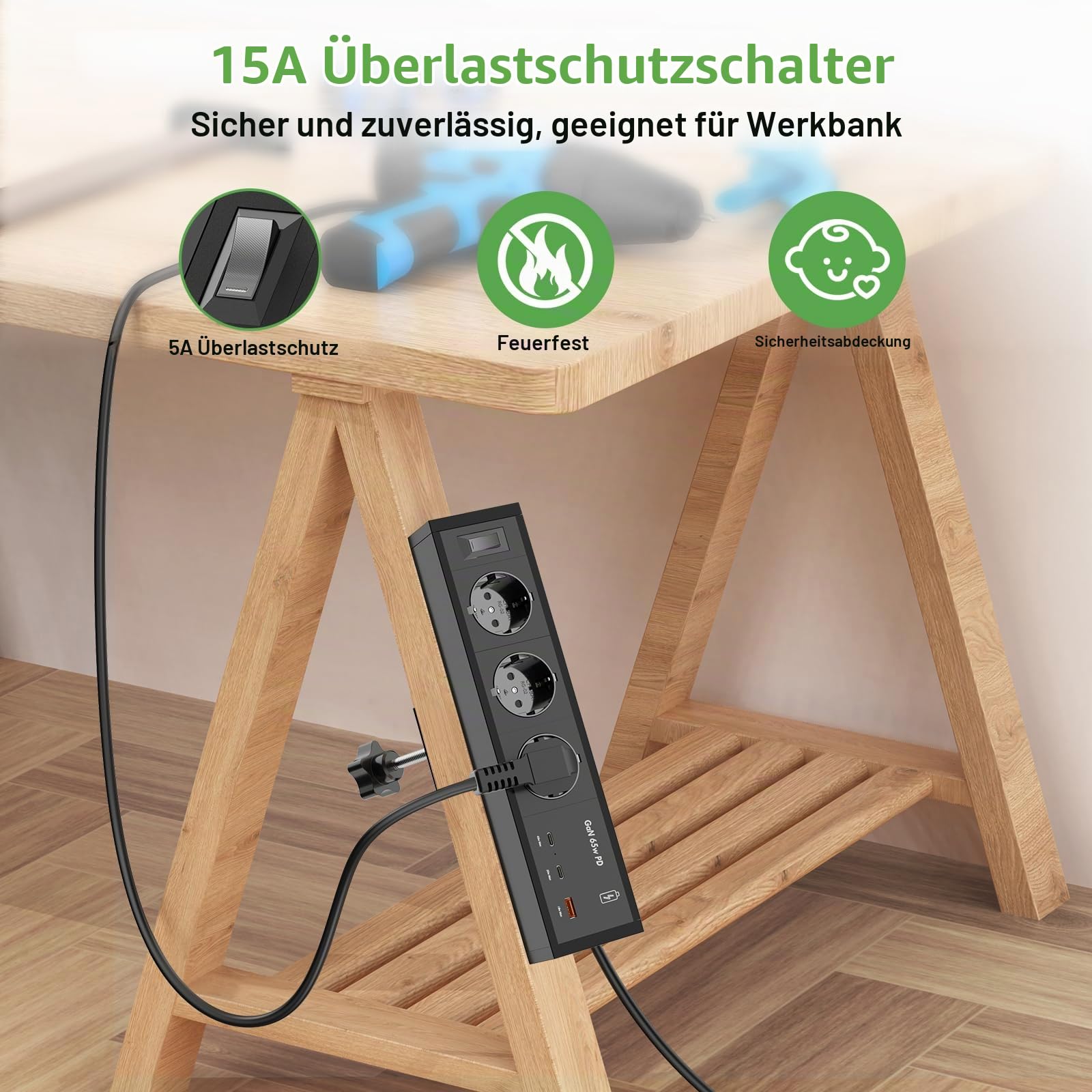 Tischsteckdose mit 2 USB C GaN PD 65W, 3 Fach Steckdosenleiste Schreibtisch 3M Kabel, Aluminum Steckdose Schreibtisch Klemmbar, Tischsteckdose Mehrfachsteckdose für Möbel oder Arbeitsflächen